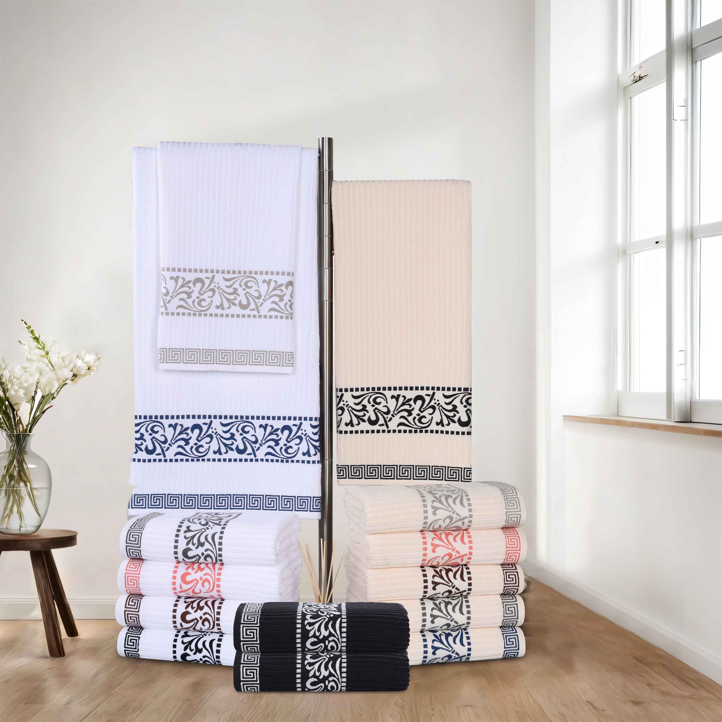 Athens Cotton Greek Scroll and Floral 3-Piece Assorted Towel Set - Omnigoodsstore