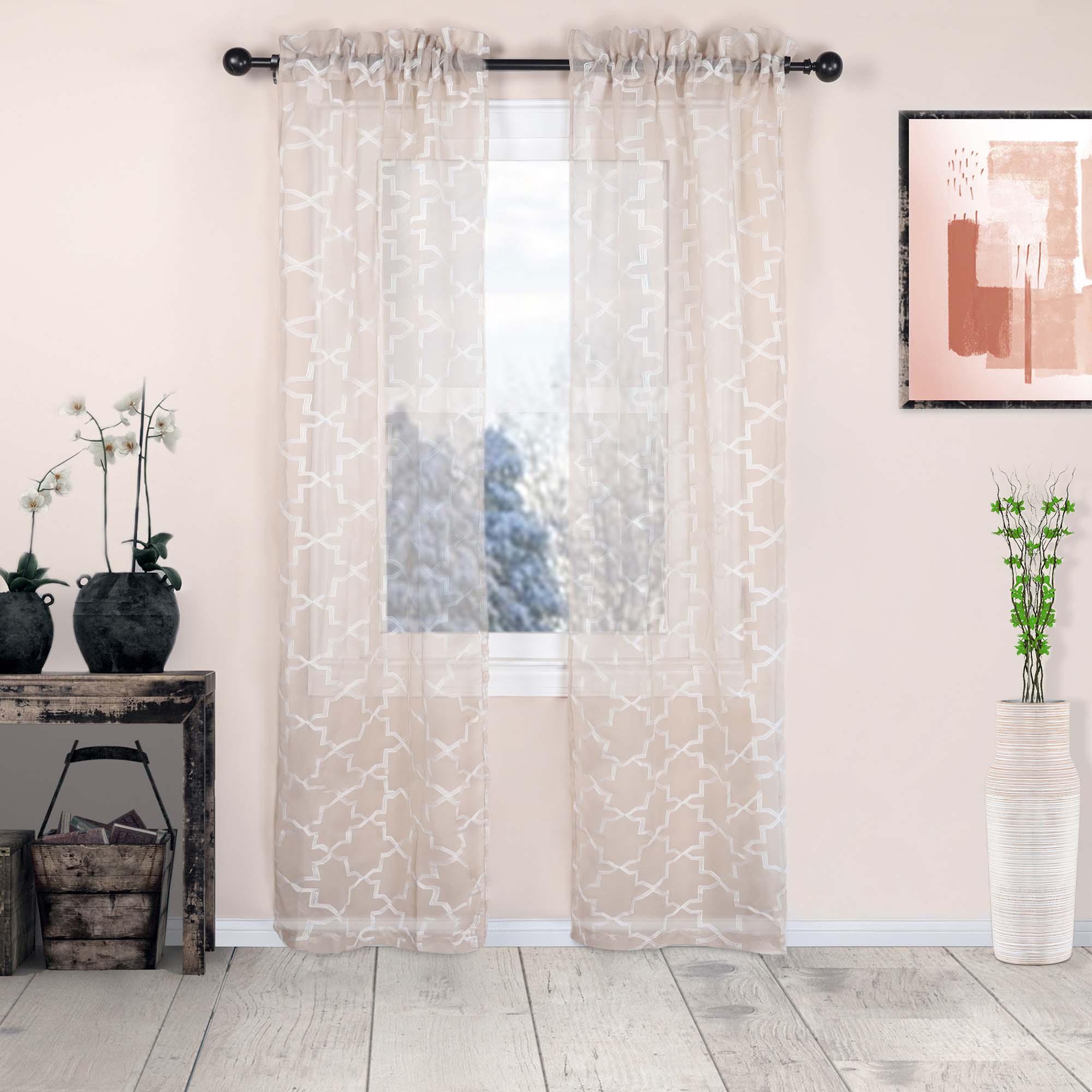 Embroidered Quatrefoil Sheer Grommet Curtain Set - Omnigoodsstore