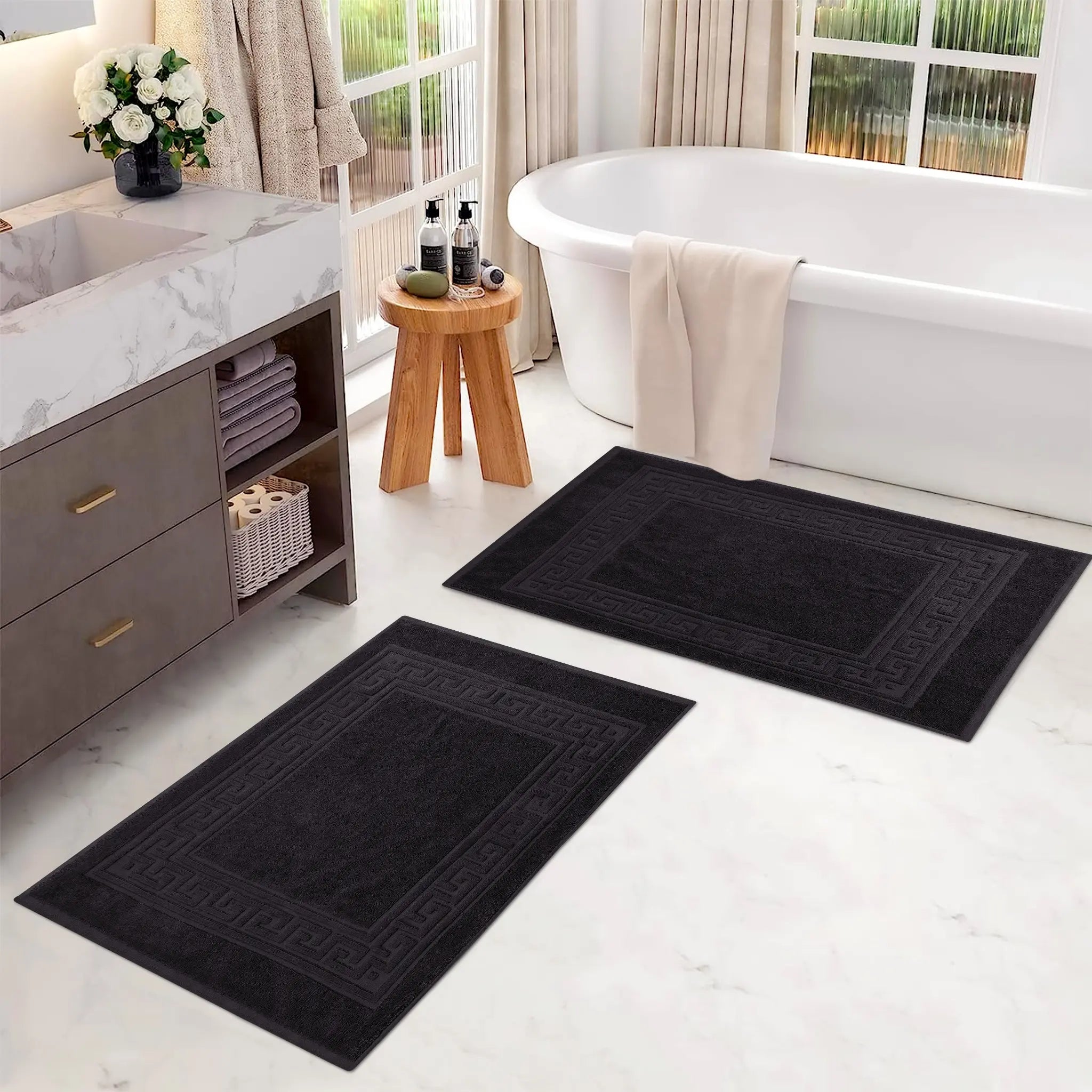 Cotton 2 Piece Greek Key Border Super Absorbent Bath Mat Set