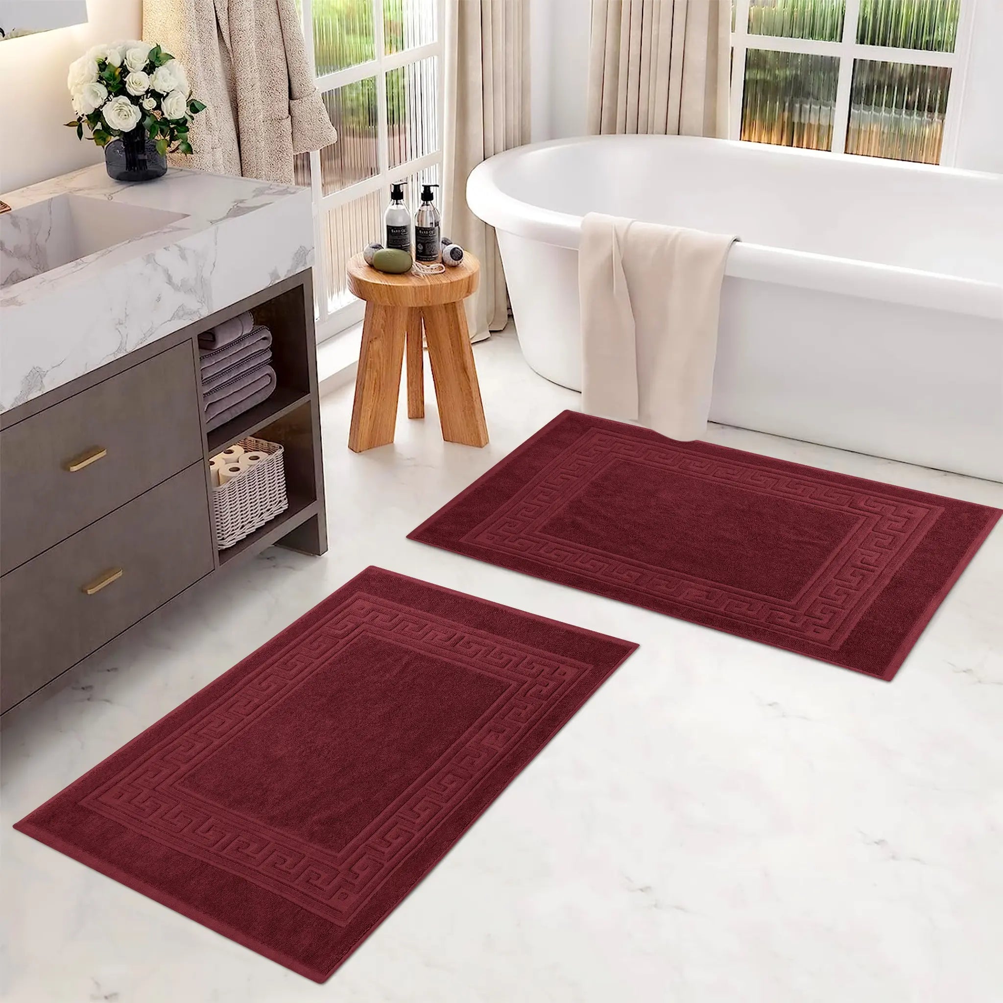 Cotton 2 Piece Greek Key Border Super Absorbent Bath Mat Set