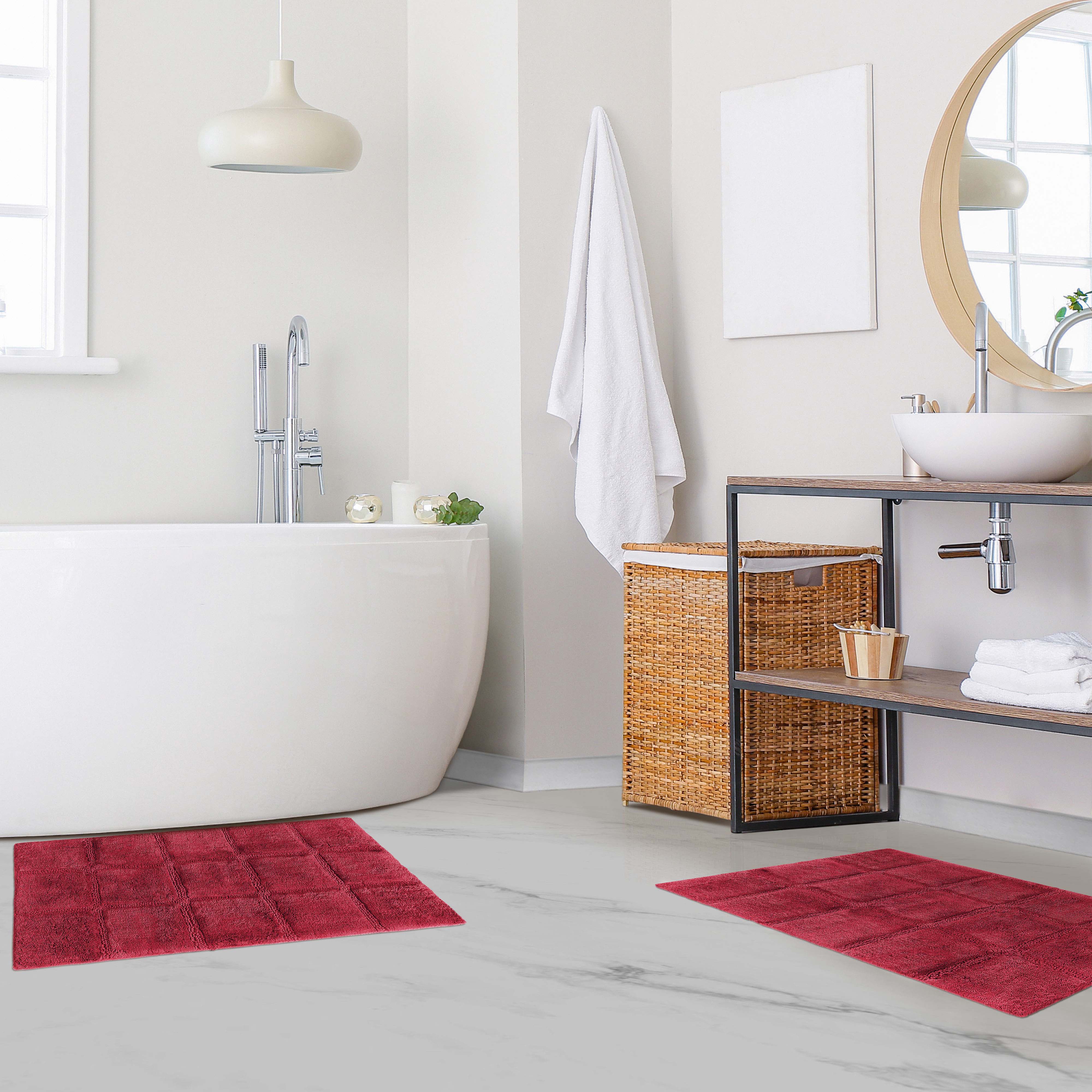 Solid Cotton 2 Piece Checkered Non Slip Bath Rug Set - Omnigoodsstore