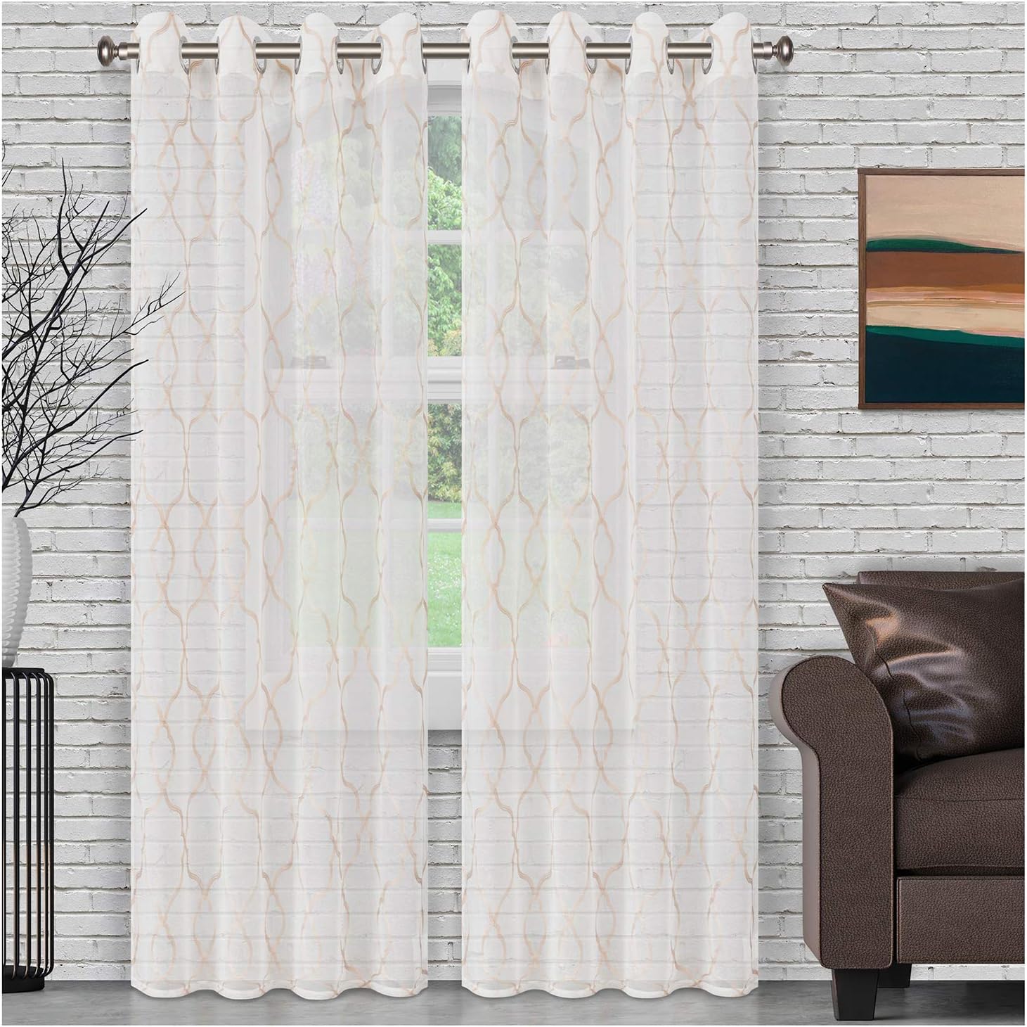 Embroidered Lattice Sheer Grommet Curtain Panel Set - Omnigoodsstore