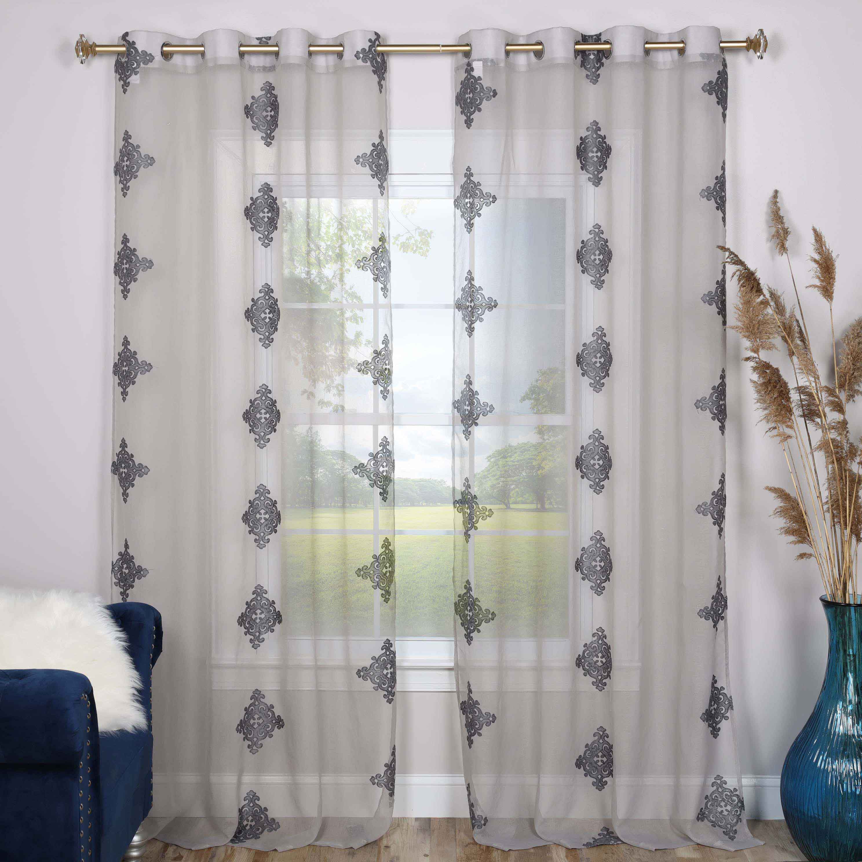 Embroidered Damask Sheer Grommet Curtain Panel Set - Omnigoodsstore