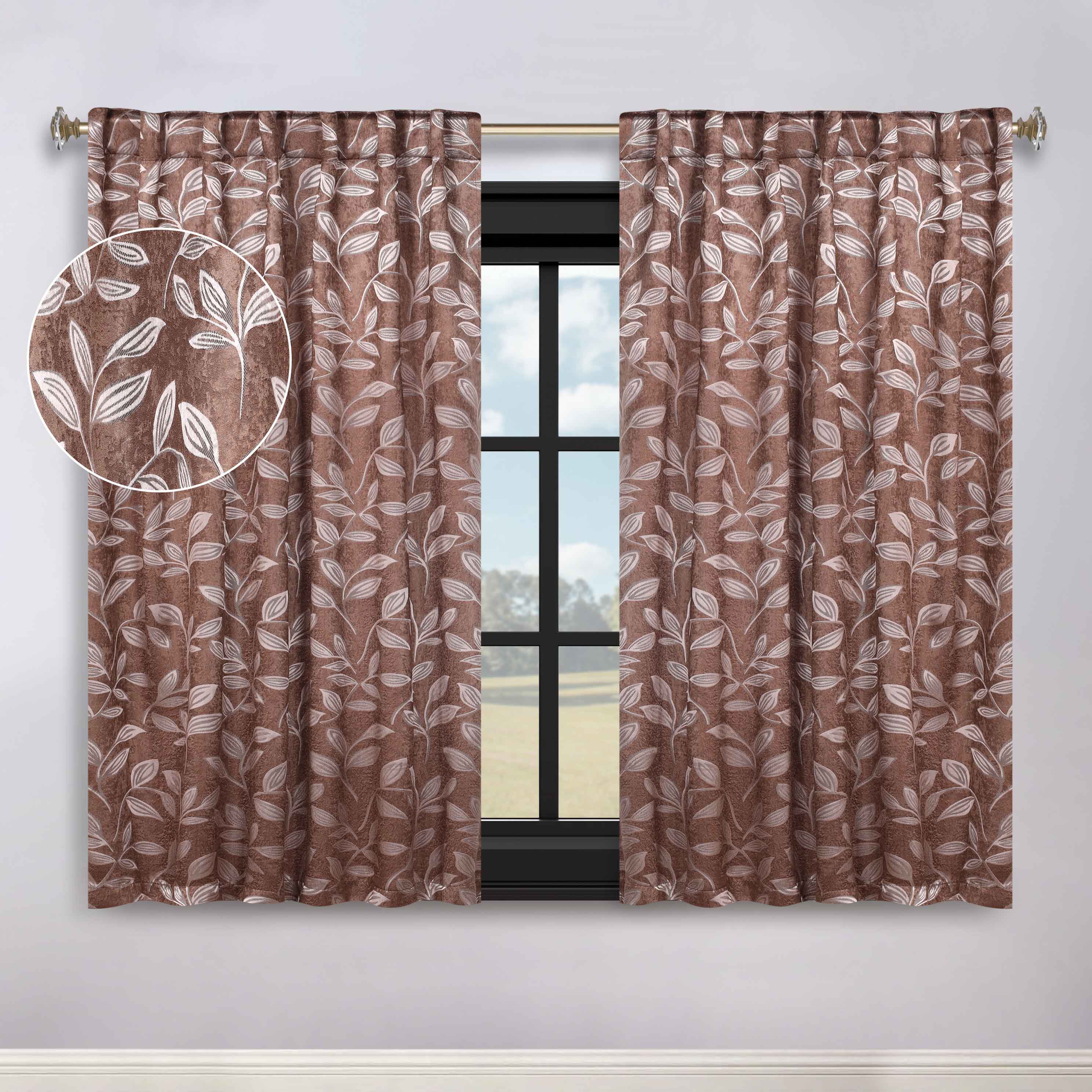 Superior Leaves Room Darkening Back Tab Blackout Curtains Panel Set - Omnigoodsstore