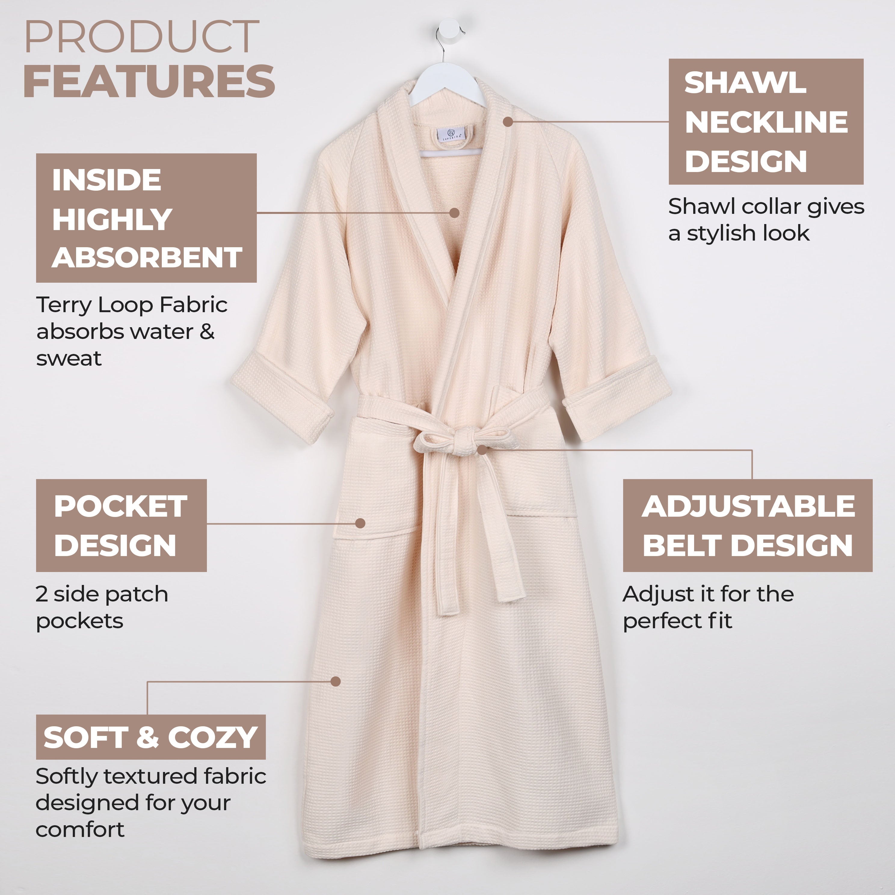 Waffle Weave Cotton Soft Lightweight Oversized Unisex Adult Bath Robe - Omnigoodsstore