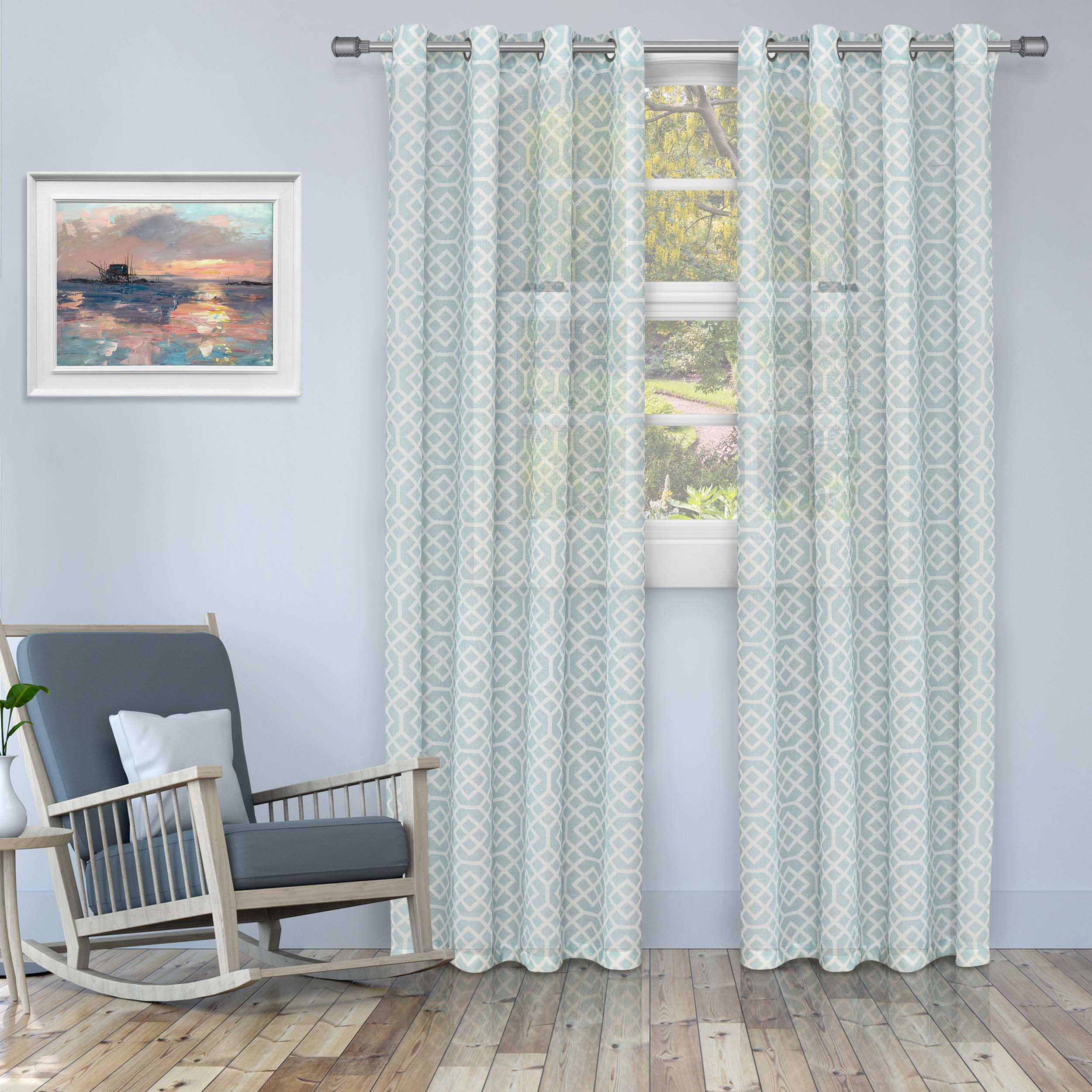 Printed Honey Comb Sheer Curtain Panel Set with Grommet Top Header - Omnigoodsstore
