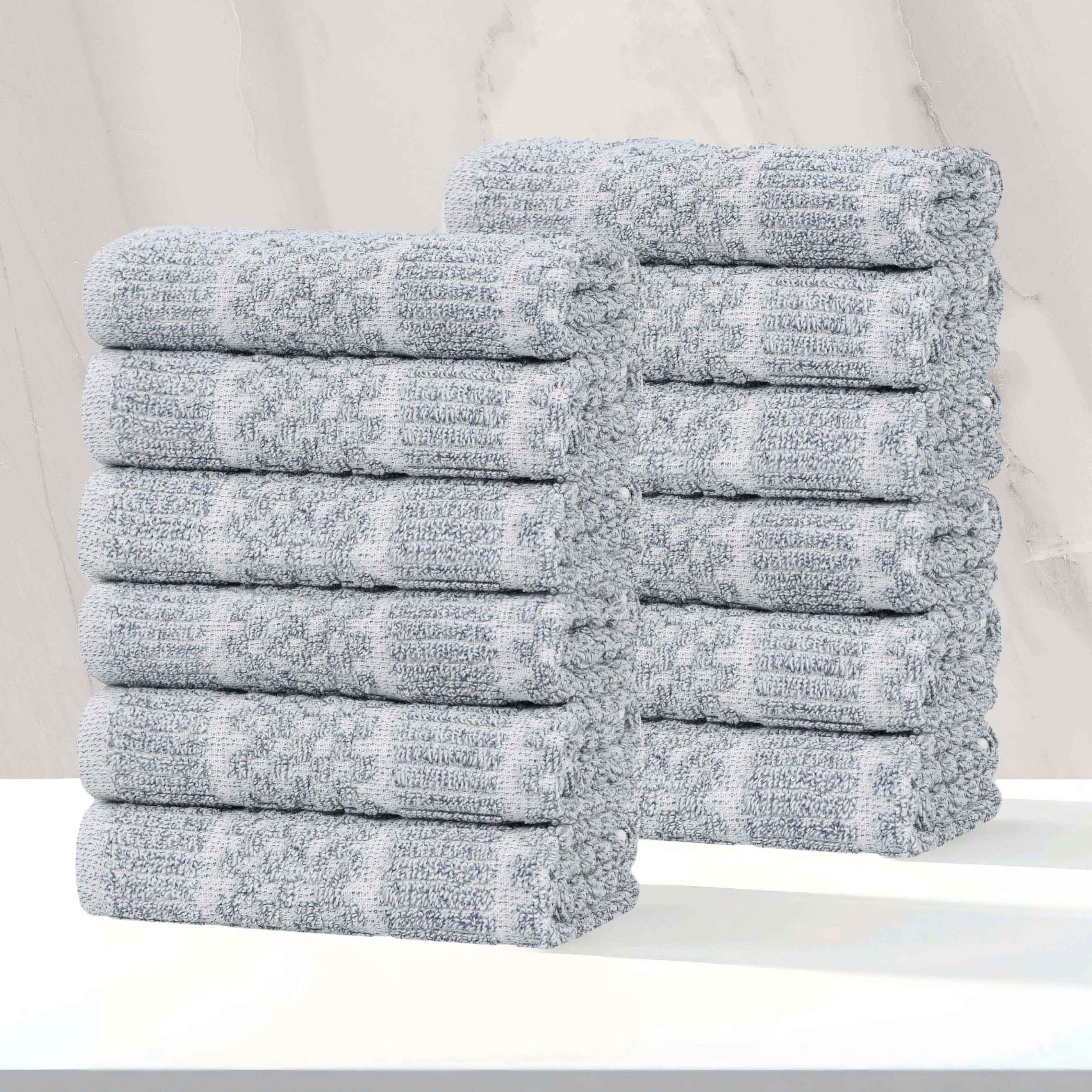 Naples Cotton Blend Checkered and Ribbed Face Towels, Set of 12 - Omnigoodsstore
