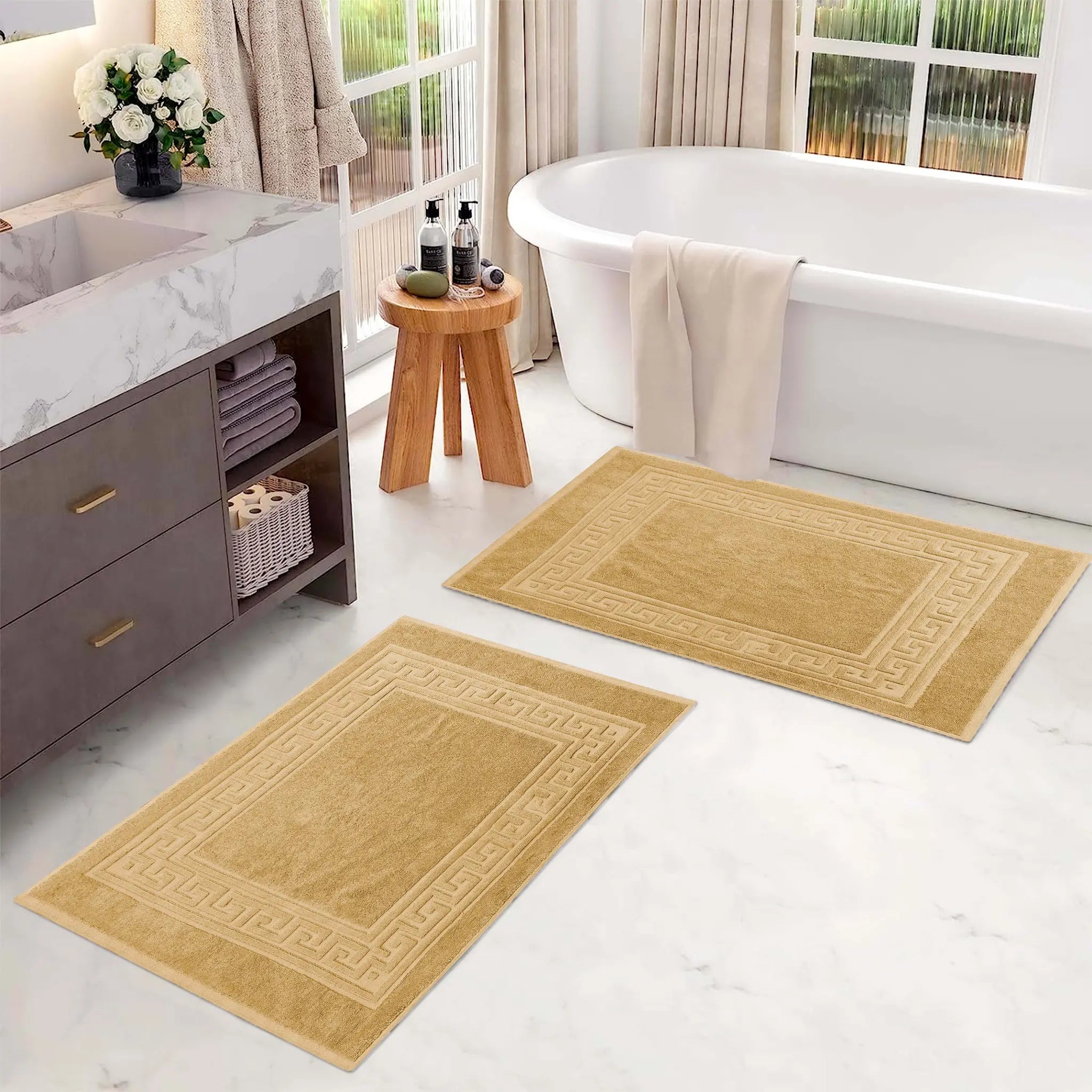 Cotton 2 Piece Greek Key Border Super Absorbent Bath Mat Set
