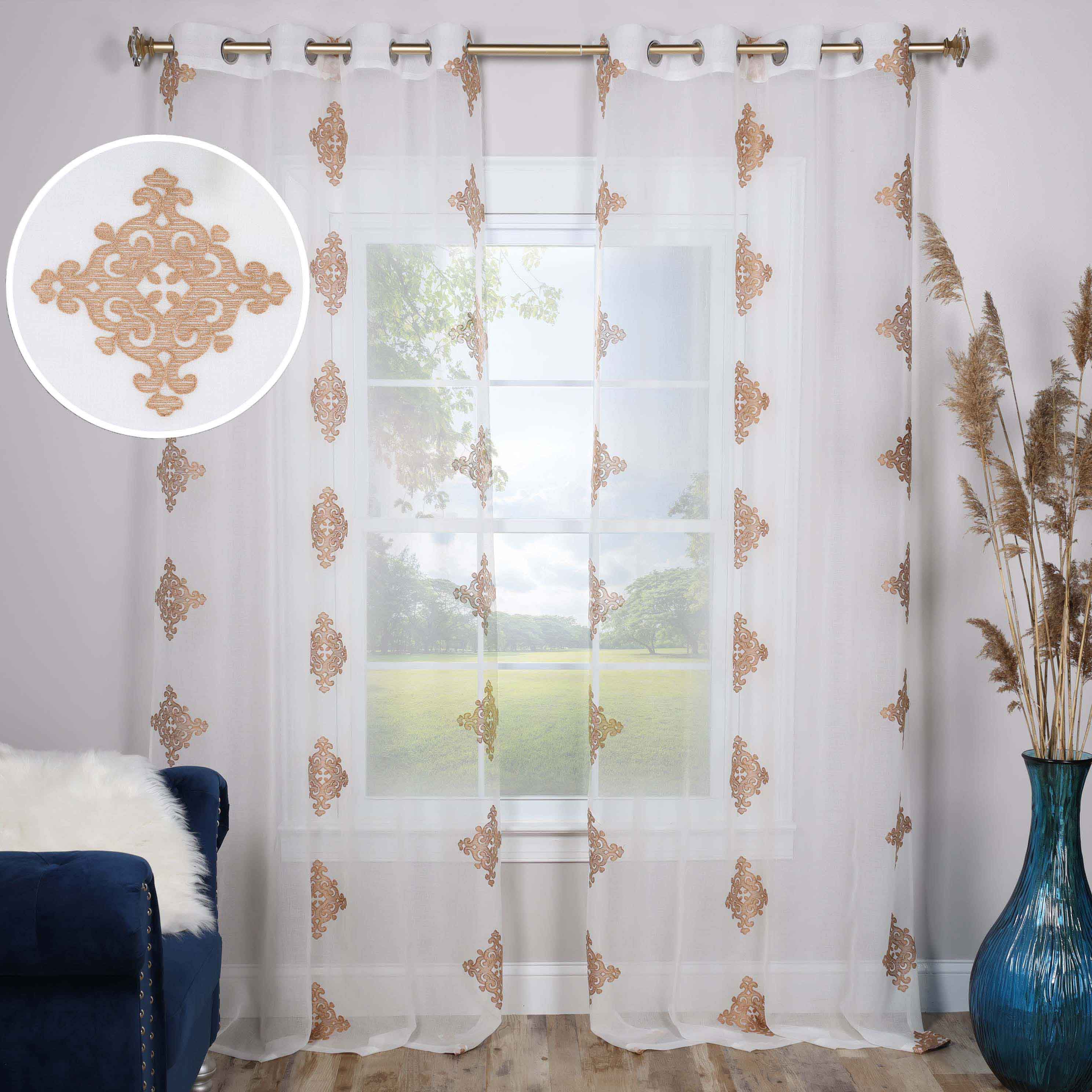 Embroidered Damask Sheer Grommet Curtain Panel Set - Omnigoodsstore