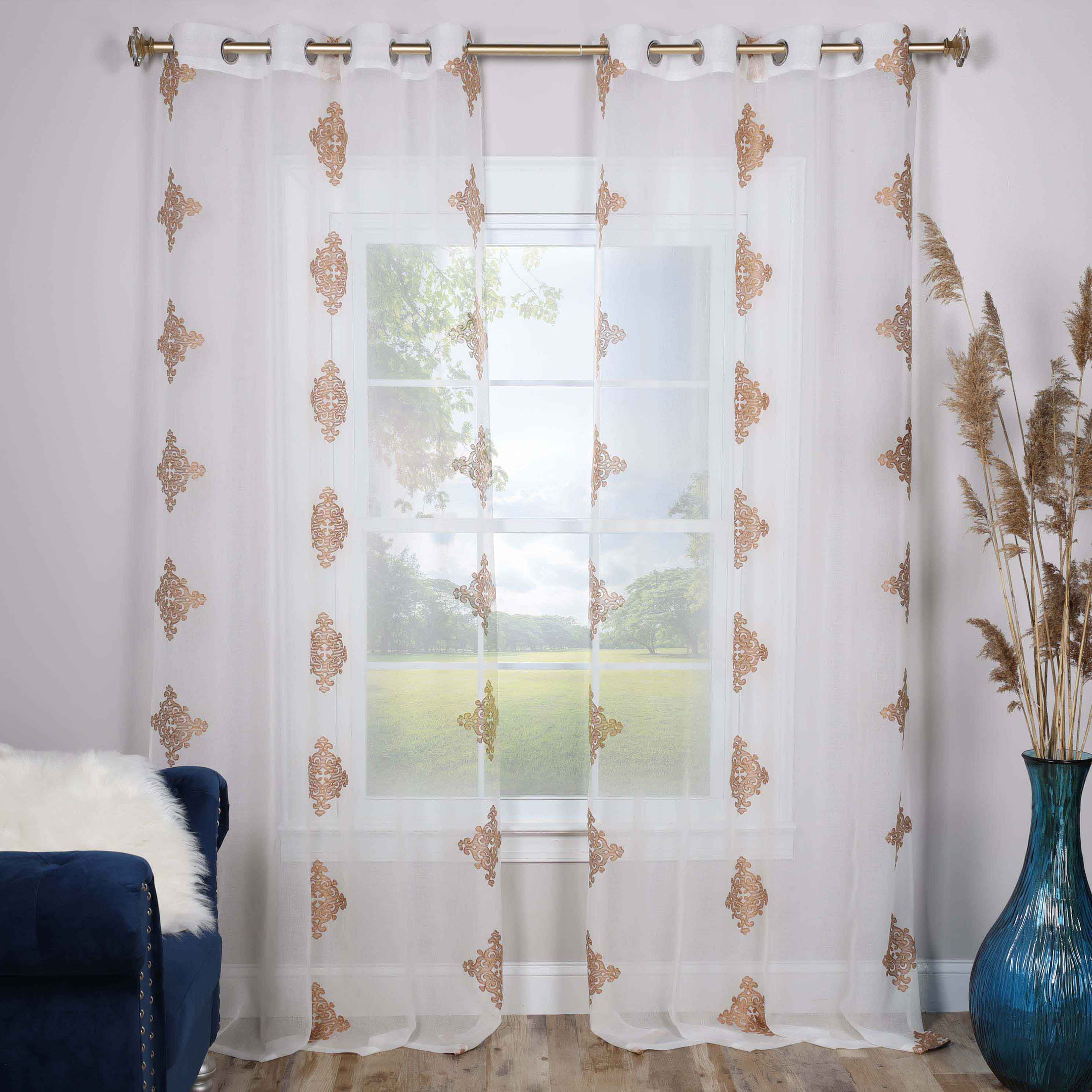 Embroidered Damask Sheer Grommet Curtain Panel Set - Omnigoodsstore