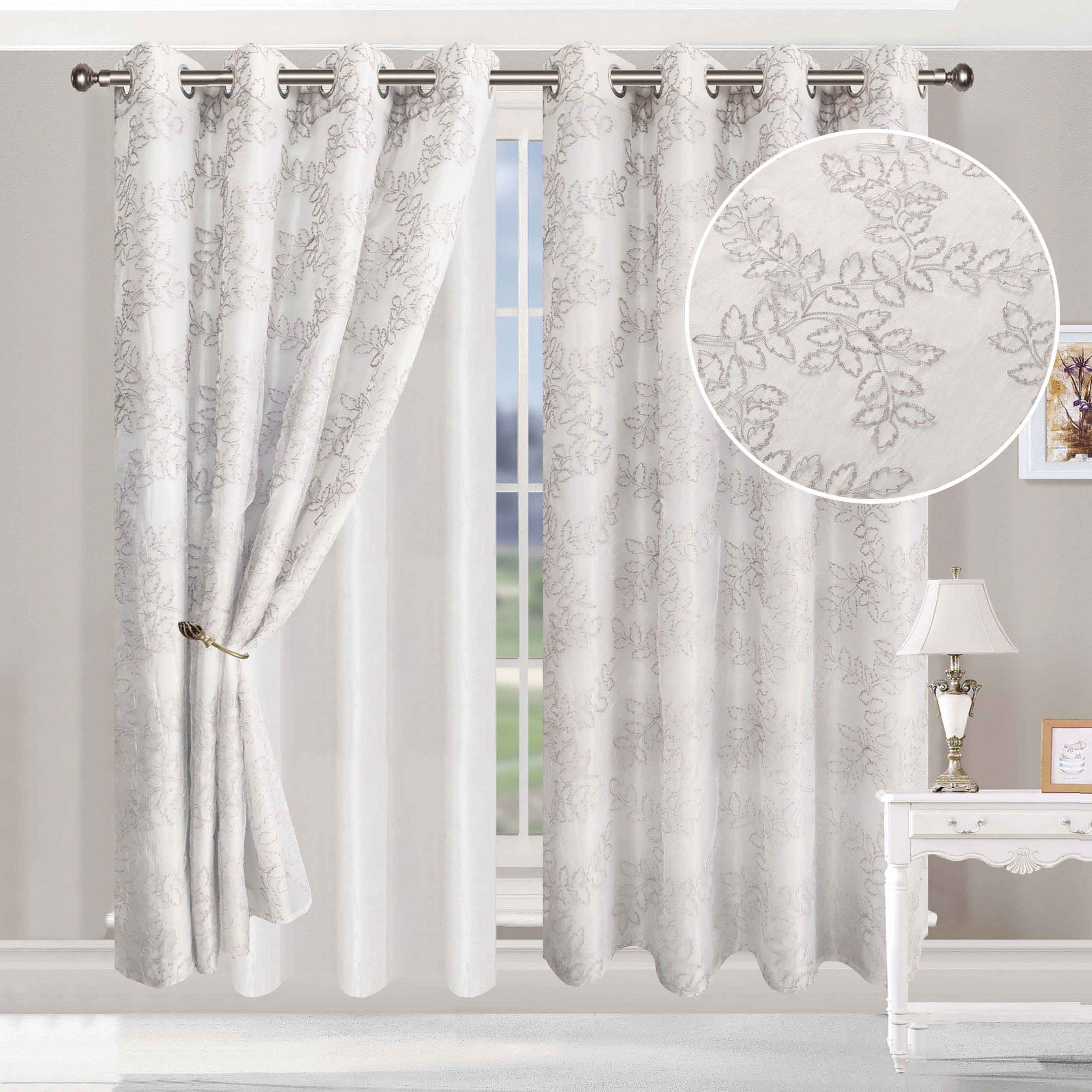 Embroidered Leaves Grommet 2 Piece Layered Sheer Curtain Panel Set - Omnigoodsstore