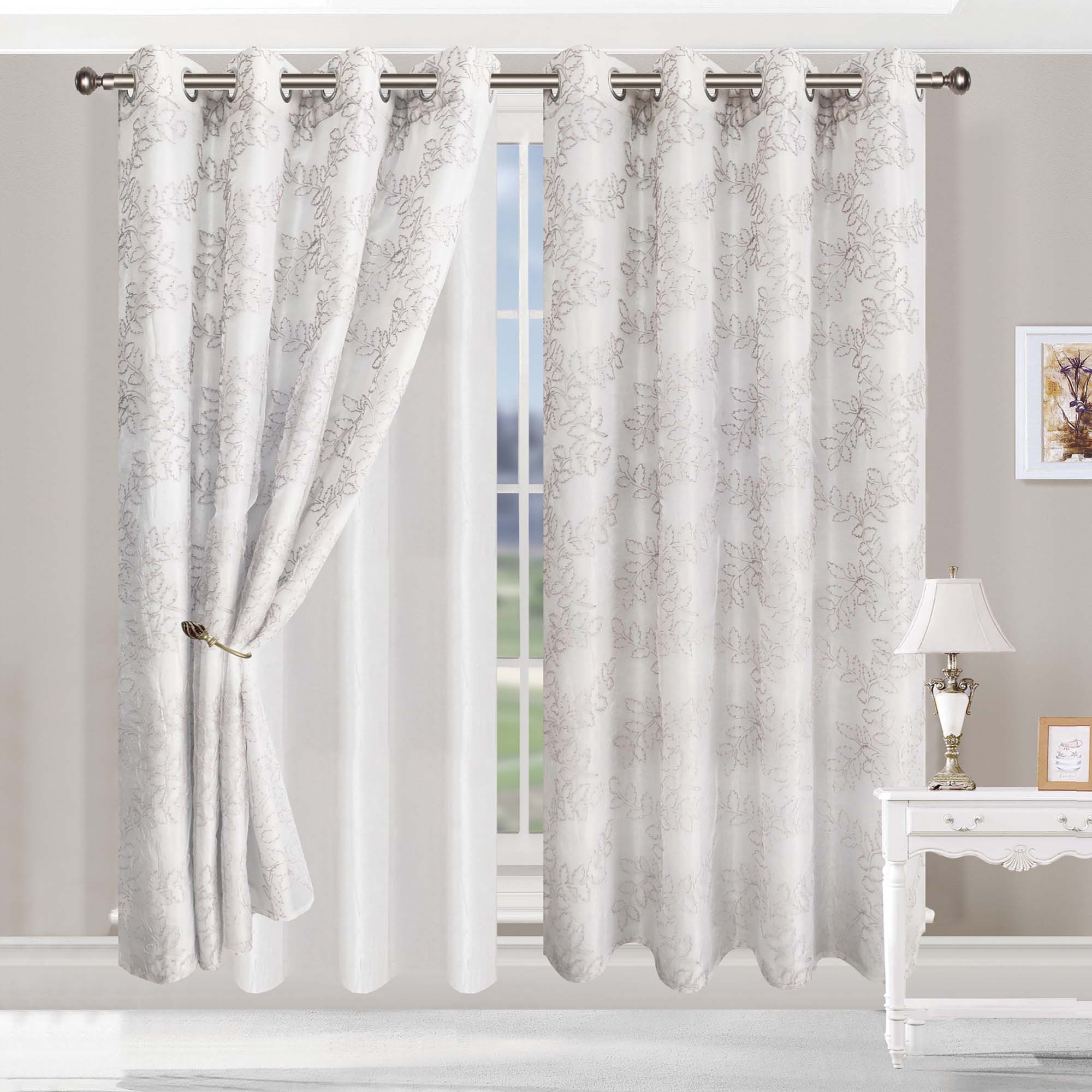 Embroidered Leaves Grommet 2 Piece Layered Sheer Curtain Panel Set - Omnigoodsstore