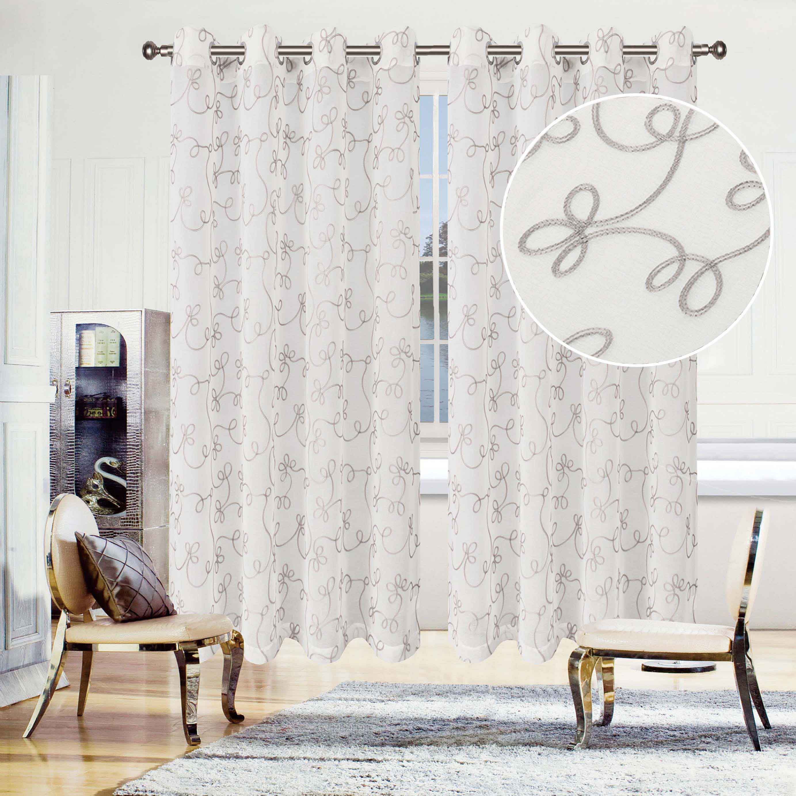 Embroidered Lightweight Sheer Floral Scroll Curtain Panel Set - Omnigoodsstore