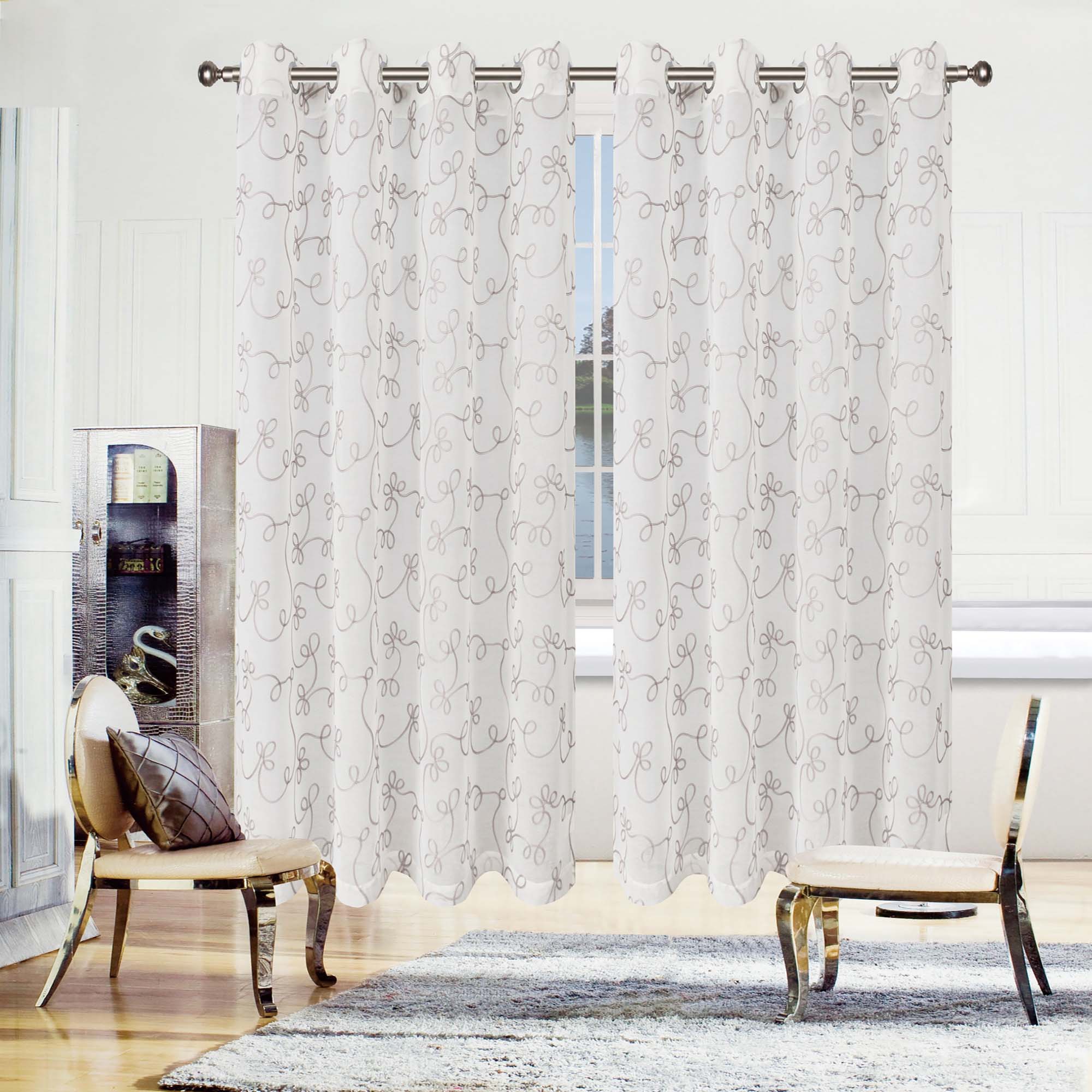 Embroidered Lightweight Sheer Floral Scroll Curtain Panel Set - Omnigoodsstore