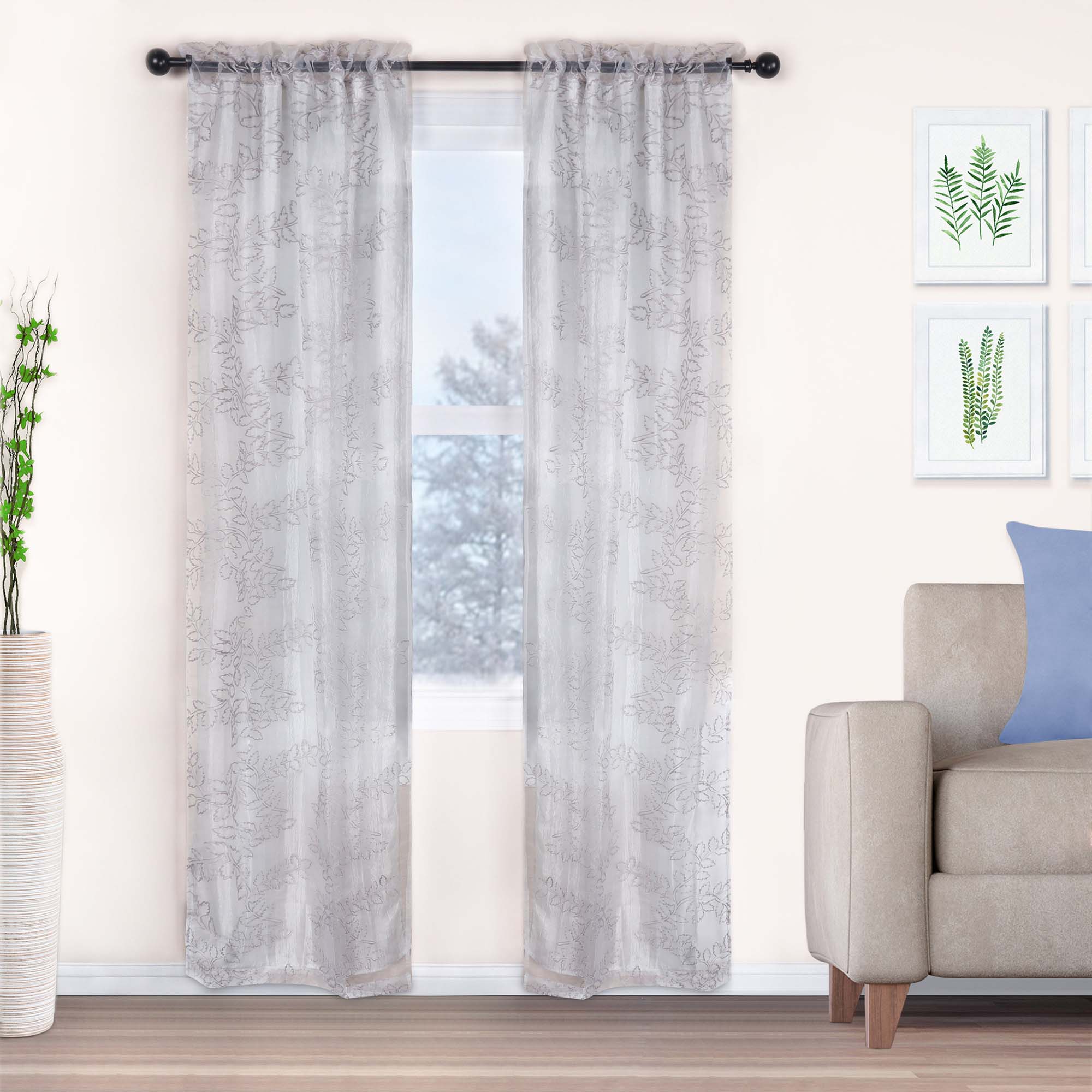 Embroidered Leaves Grommet 2 Piece Layered Sheer Curtain Panel Set - Omnigoodsstore