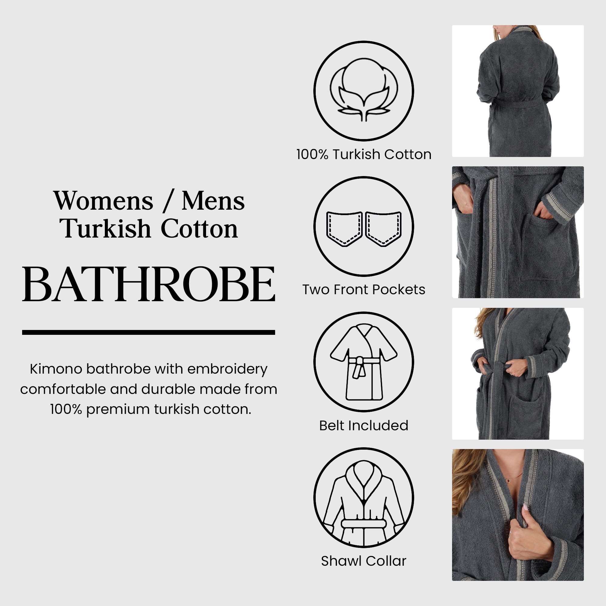 Tinsel Unisex Cotton Terry Kimono Bathrobe with Embroidery - Omnigoodsstore