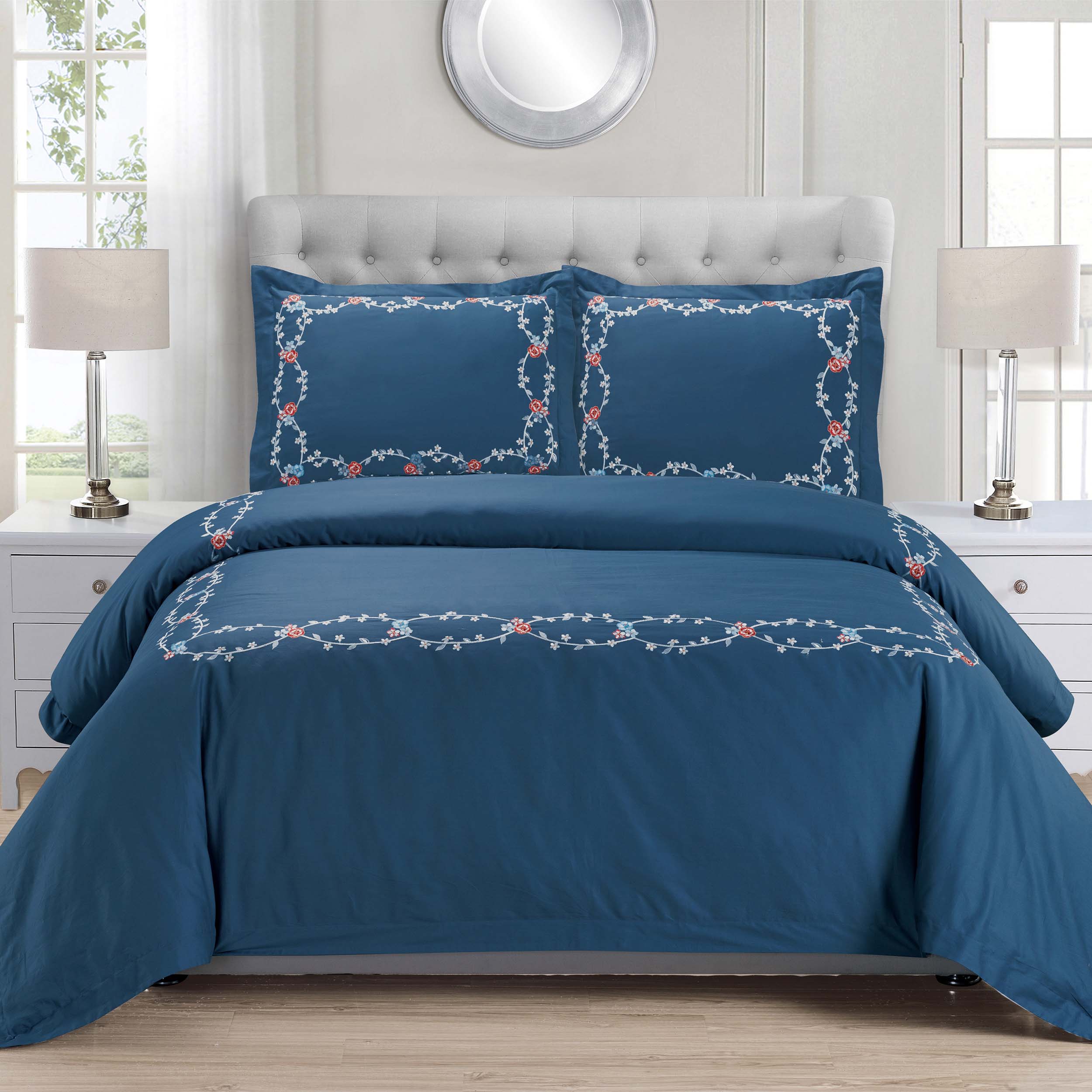 Helena Cotton Embroidered 3 Piece Duvet Cover Set - Omnigoodsstore