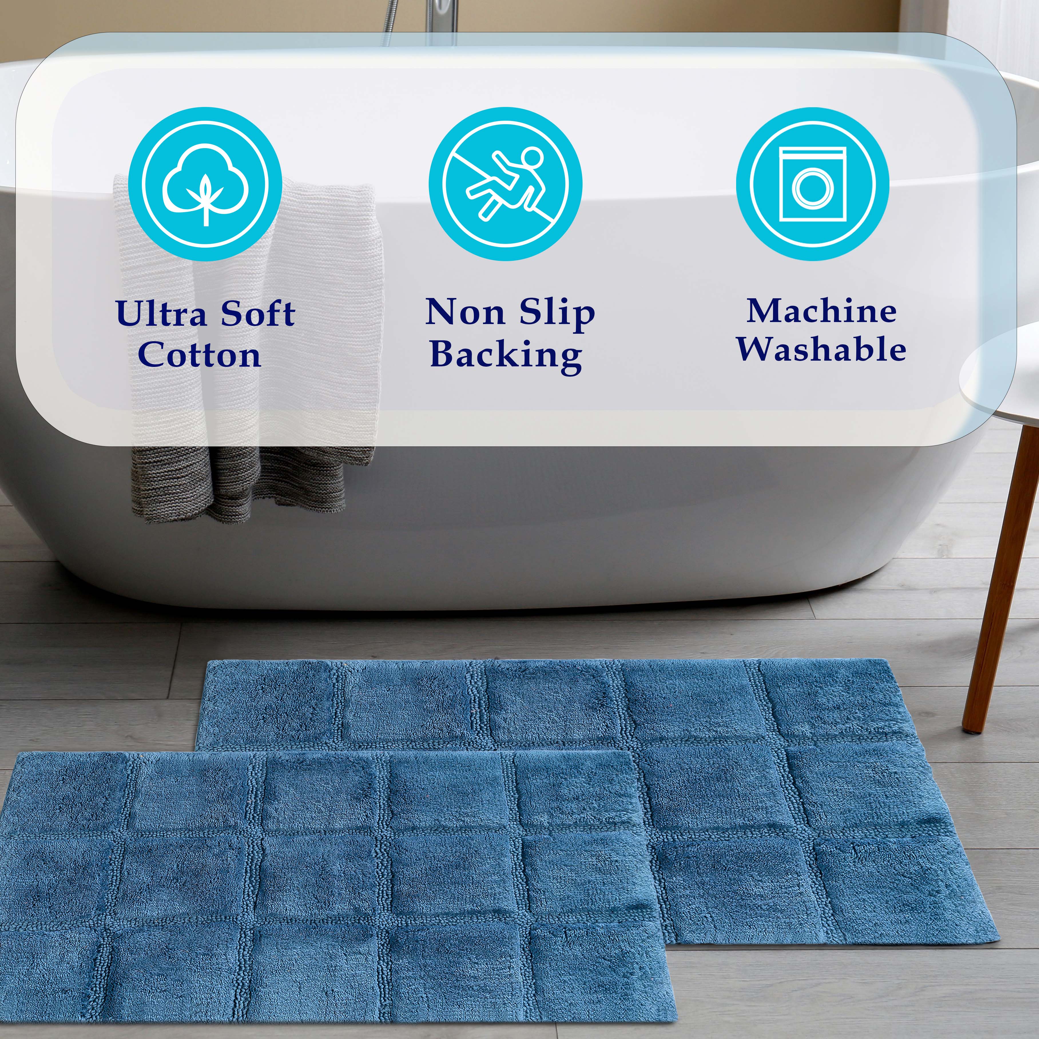 Solid Cotton 2 Piece Checkered Non Slip Bath Rug Set - Omnigoodsstore