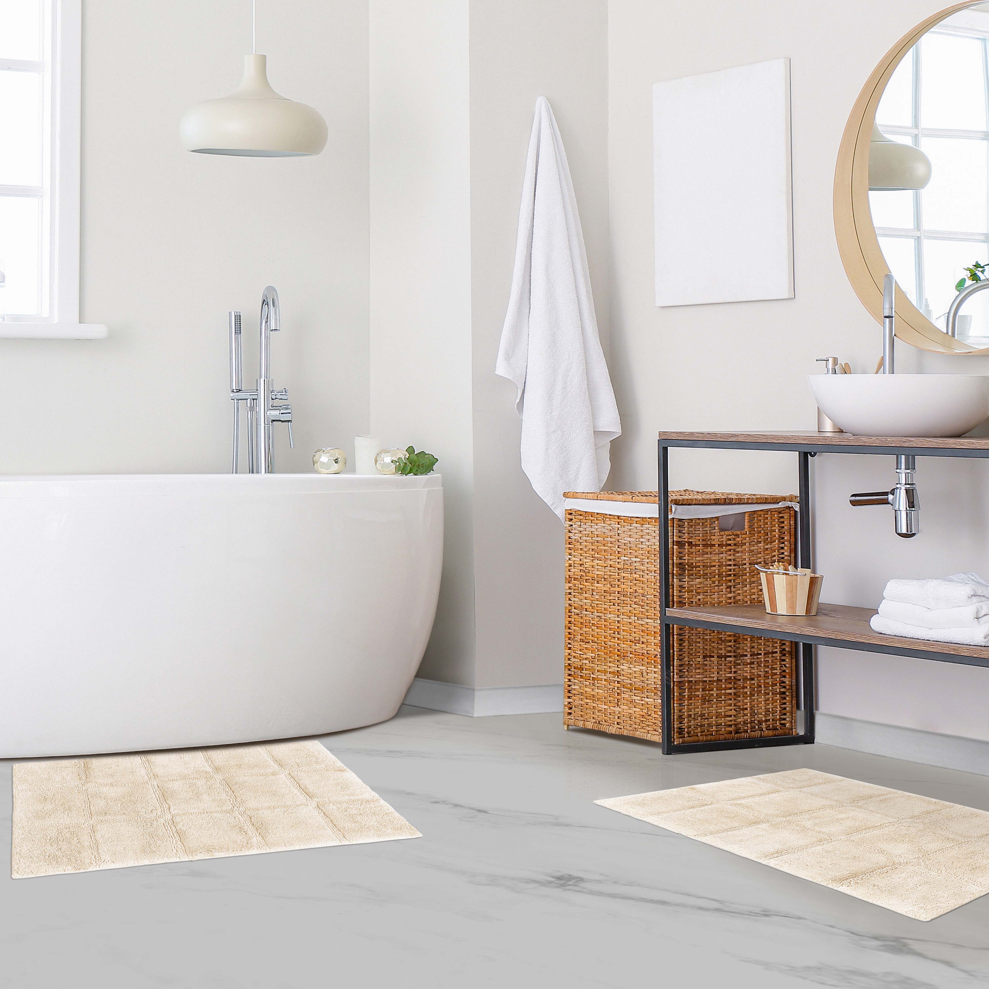 Solid Cotton 2 Piece Checkered Non Slip Bath Rug Set - Omnigoodsstore