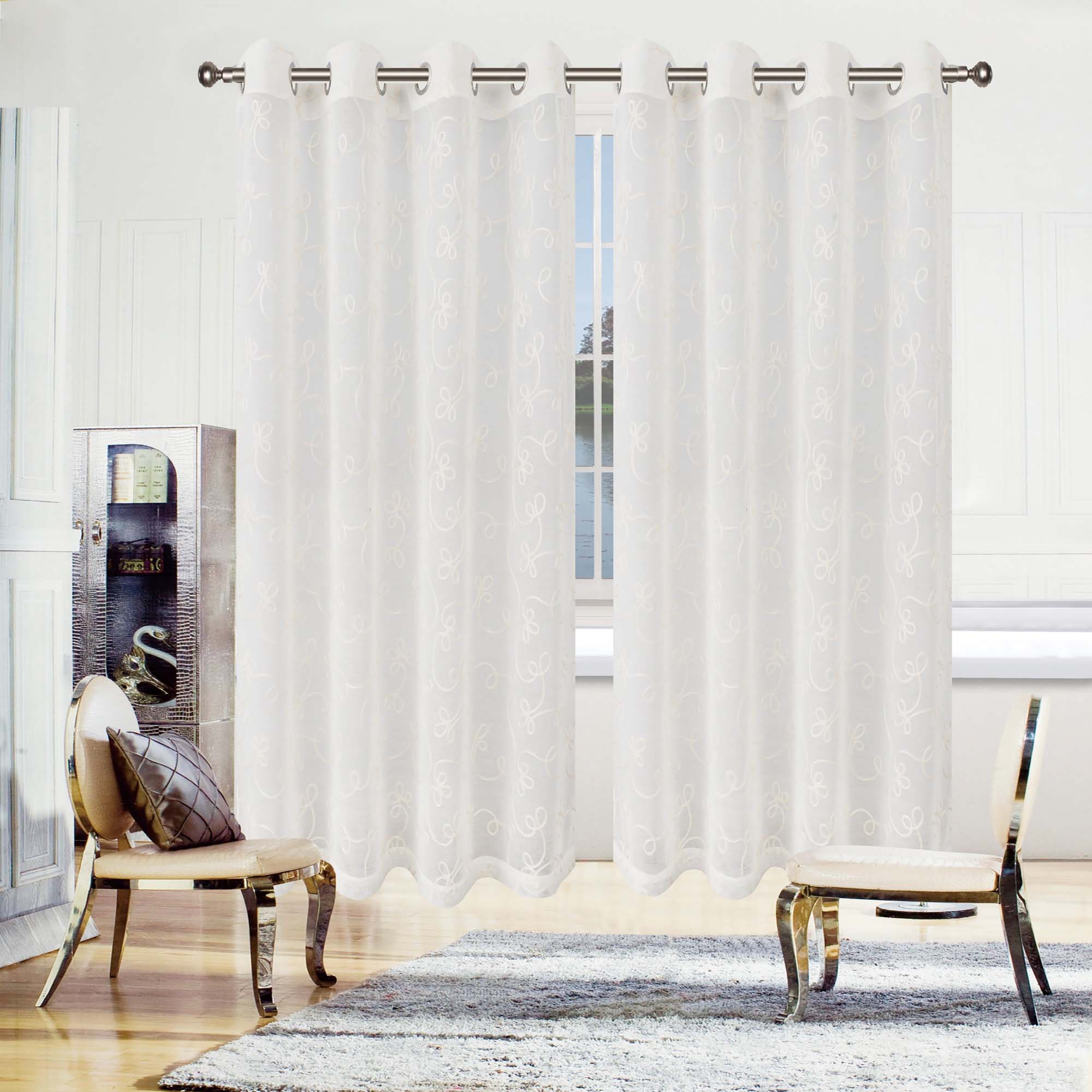 Embroidered Lightweight Sheer Floral Scroll Curtain Panel Set - Omnigoodsstore