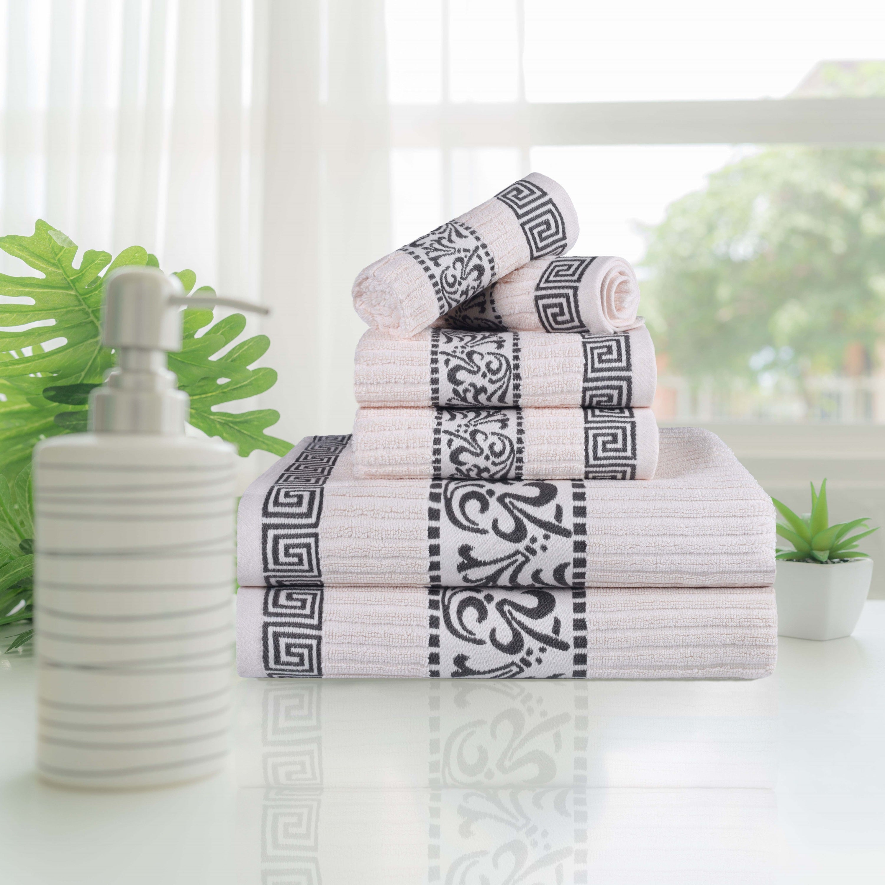 Athens Cotton Greek Scroll and Floral 6-Piece Assorted Towel Set - Omnigoodsstore