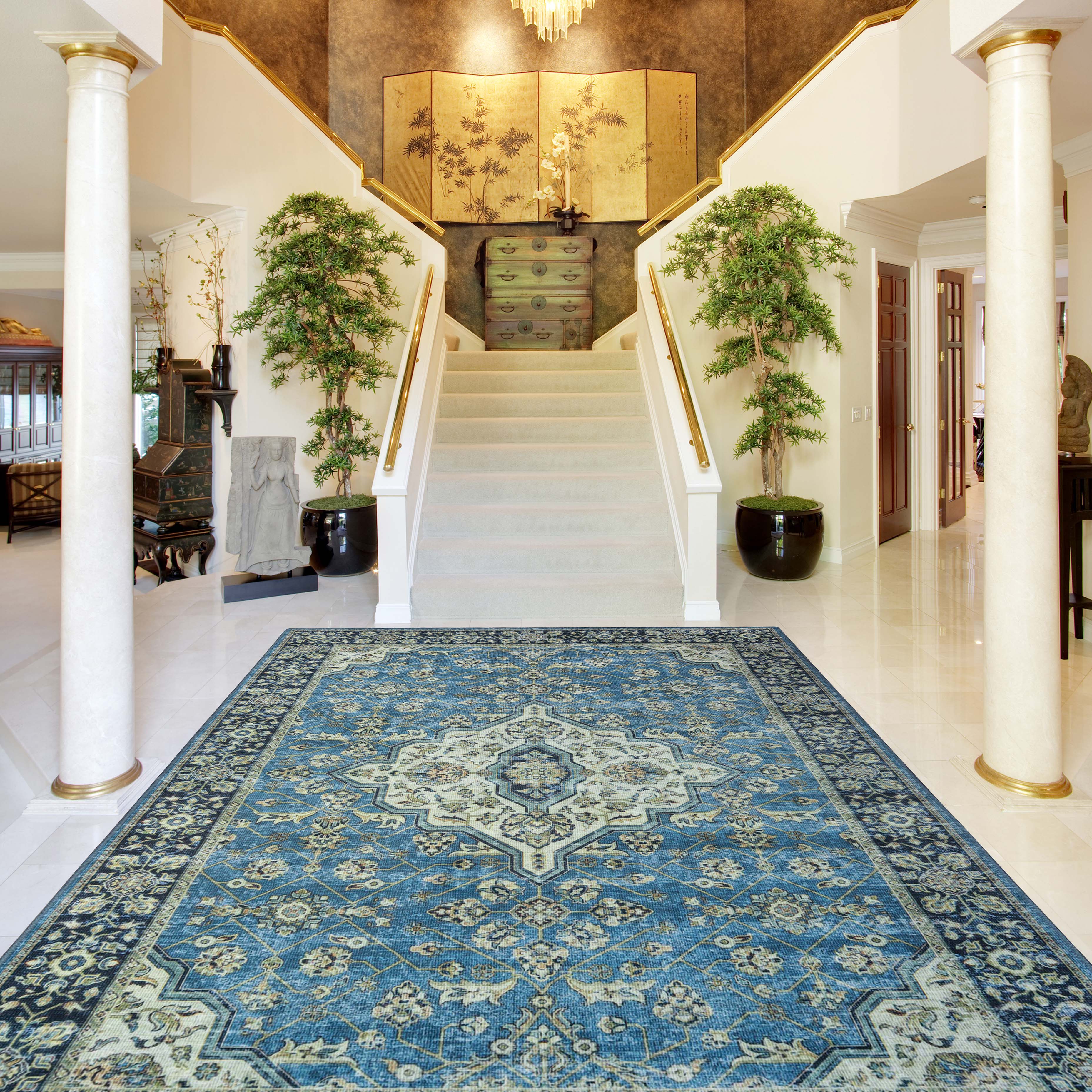 Jay Damask Medallion Bordered Washable Indoor Area Rug or Runner - Omnigoodsstore