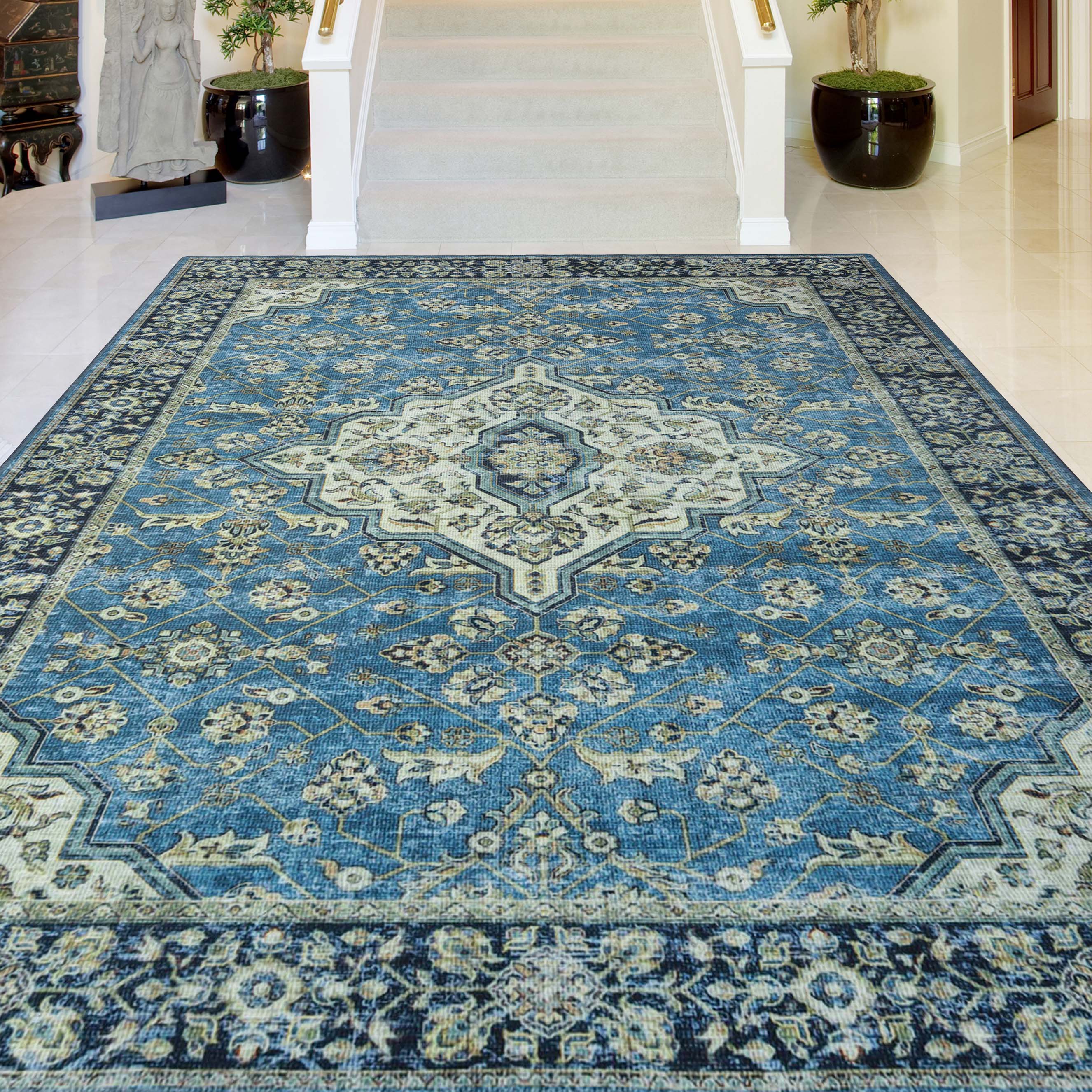 Jay Damask Medallion Bordered Washable Indoor Area Rug or Runner - Omnigoodsstore
