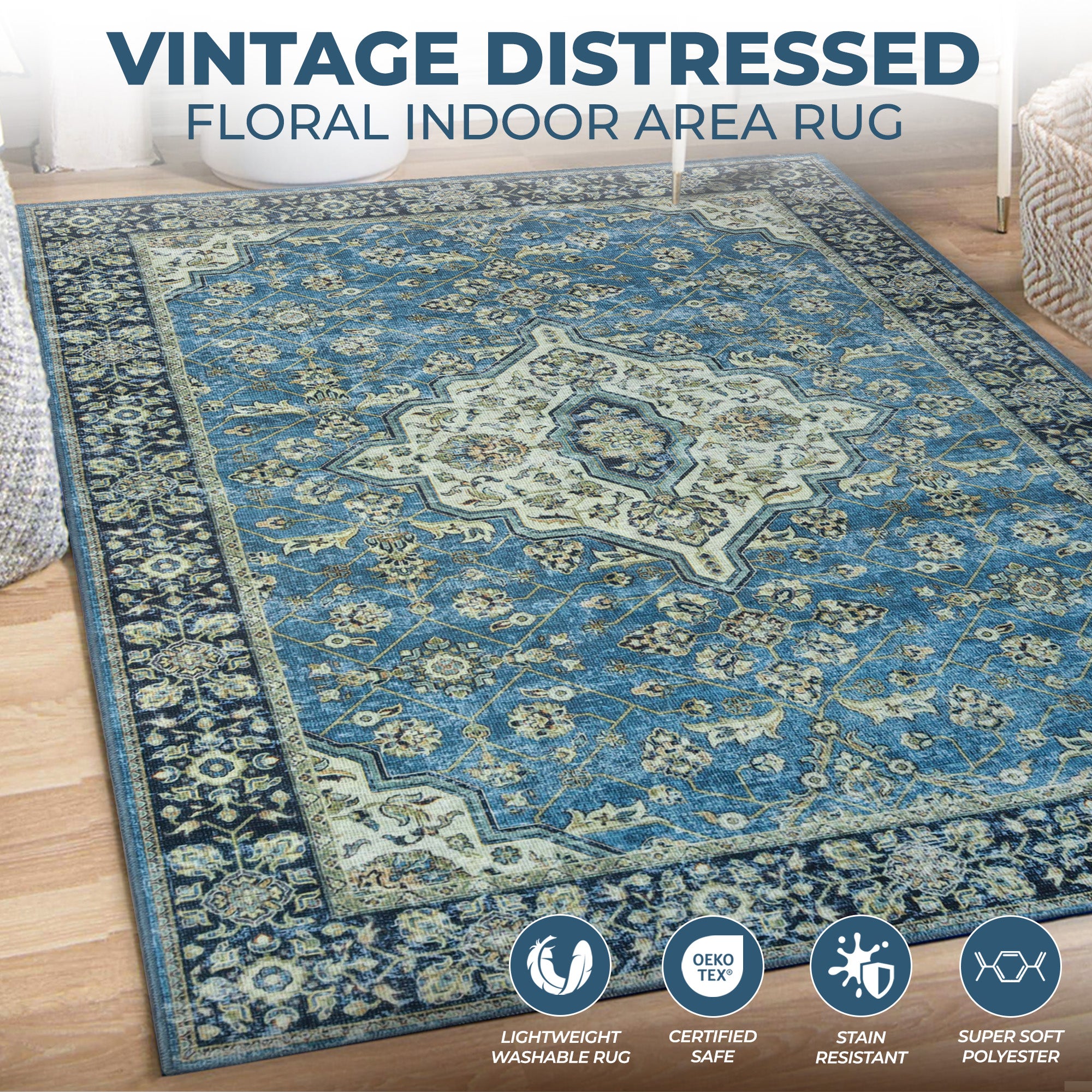 Jay Damask Medallion Bordered Washable Indoor Area Rug or Runner - Omnigoodsstore