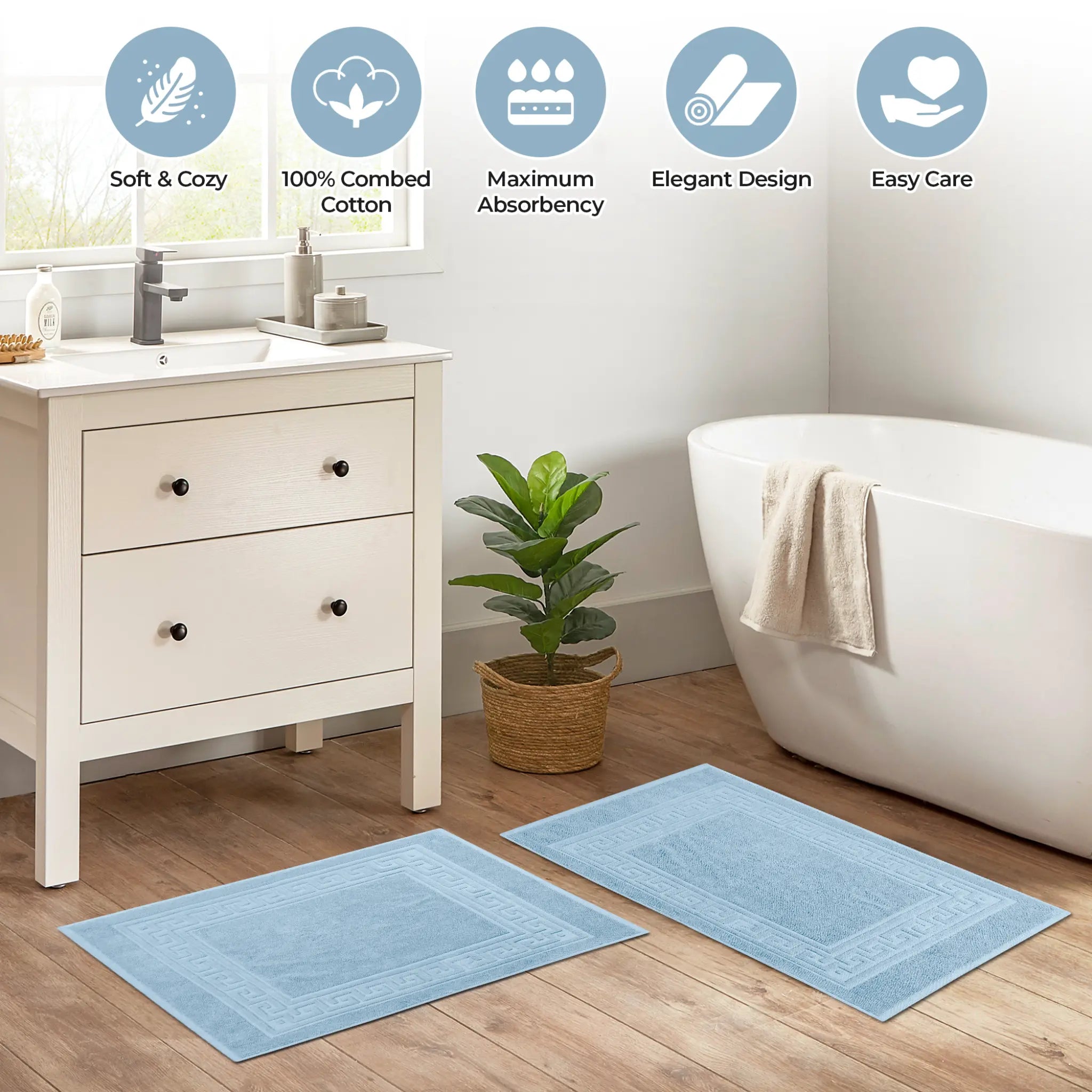 Cotton 2 Piece Greek Key Border Super Absorbent Bath Mat Set