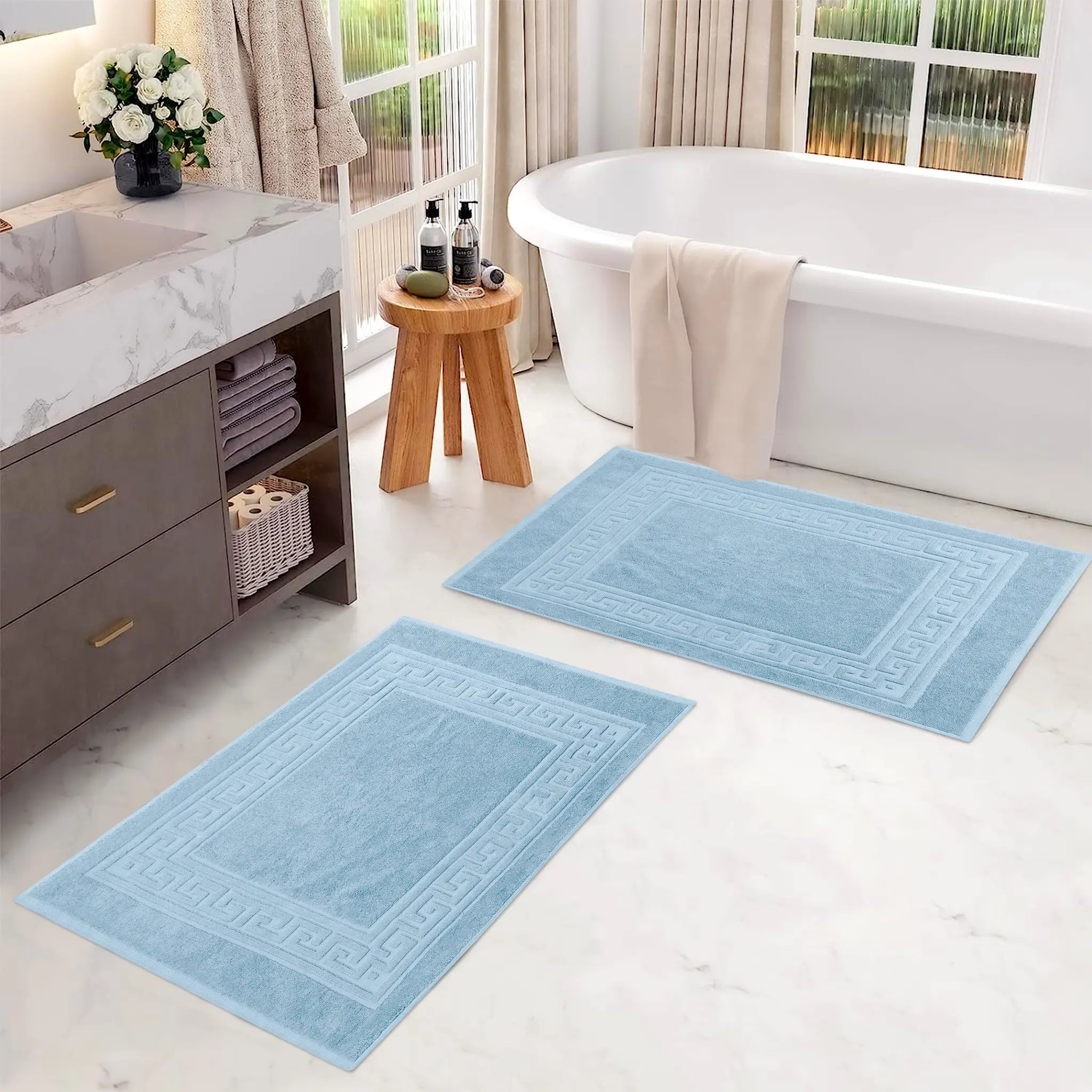 Cotton 2 Piece Greek Key Border Super Absorbent Bath Mat Set