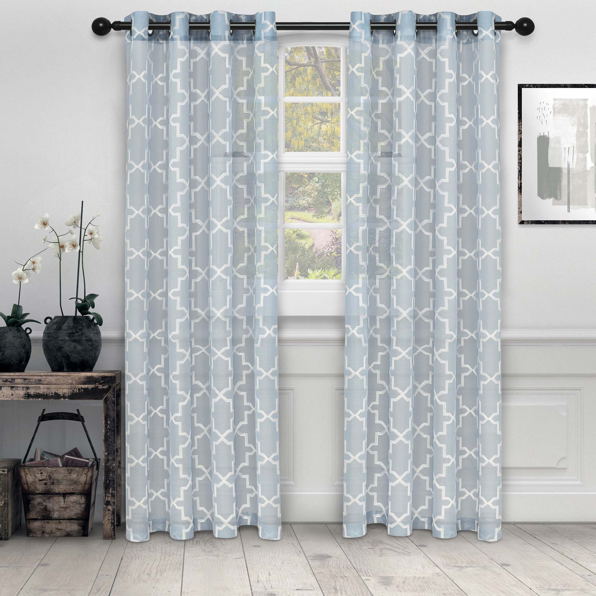 Embroidered Quatrefoil Sheer Grommet Curtain Set - Omnigoodsstore