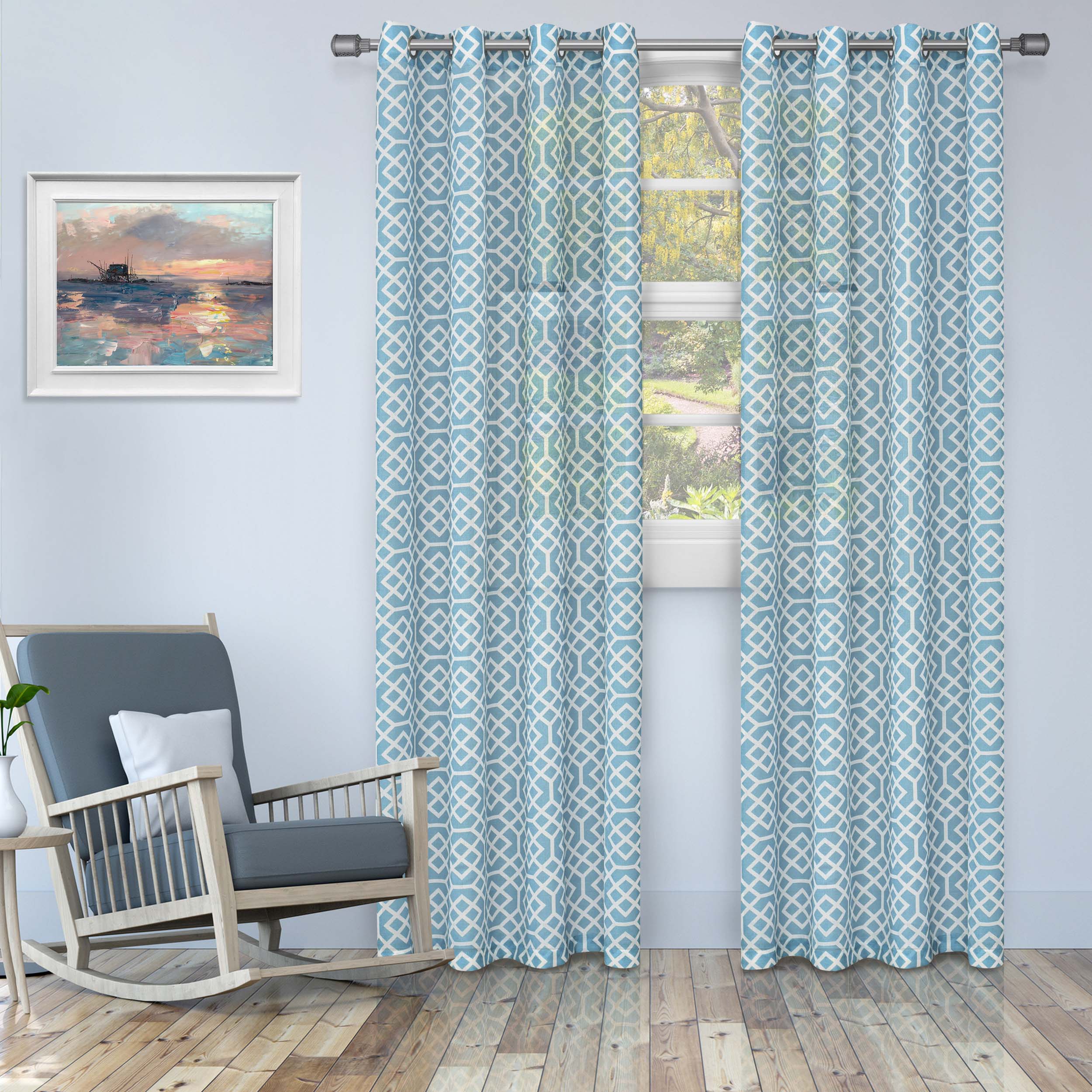 Printed Honey Comb Sheer Curtain Panel Set with Grommet Top Header - Omnigoodsstore
