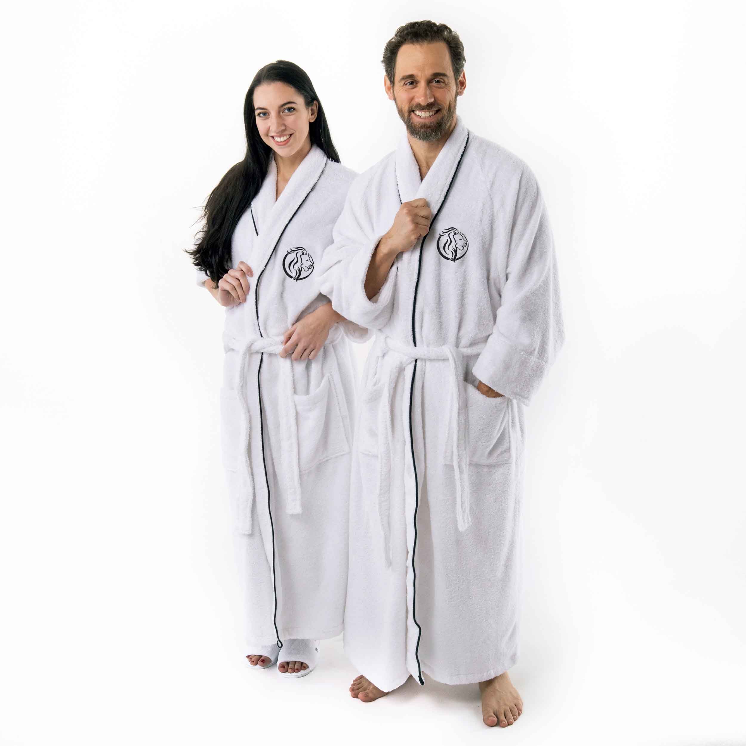 Cotton Adult Unisex White Embroidered Highly Absorbent Fluffy Bathrobe - Omnigoodsstore
