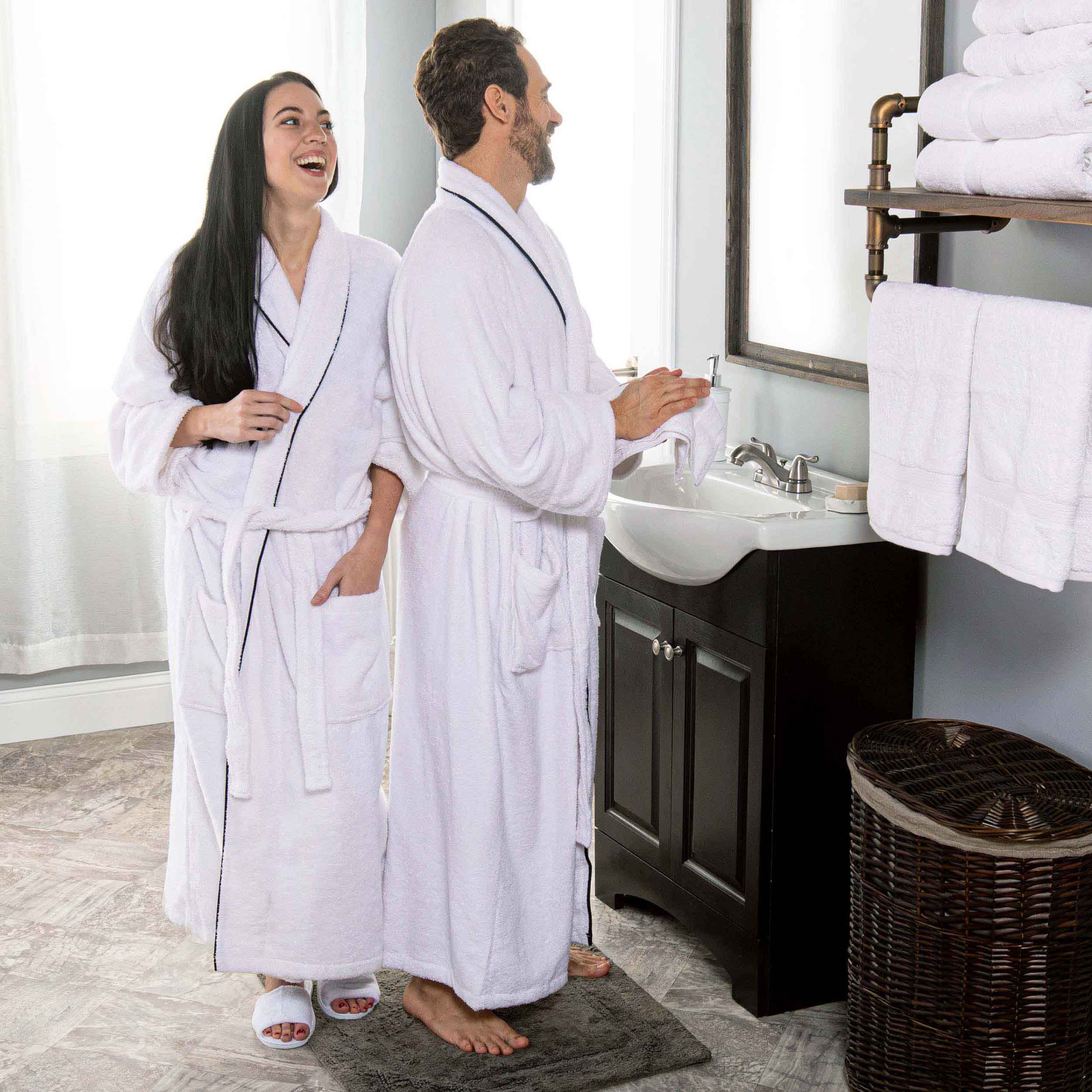 Cotton Adult Unisex White Embroidered Highly Absorbent Fluffy Bathrobe - Omnigoodsstore
