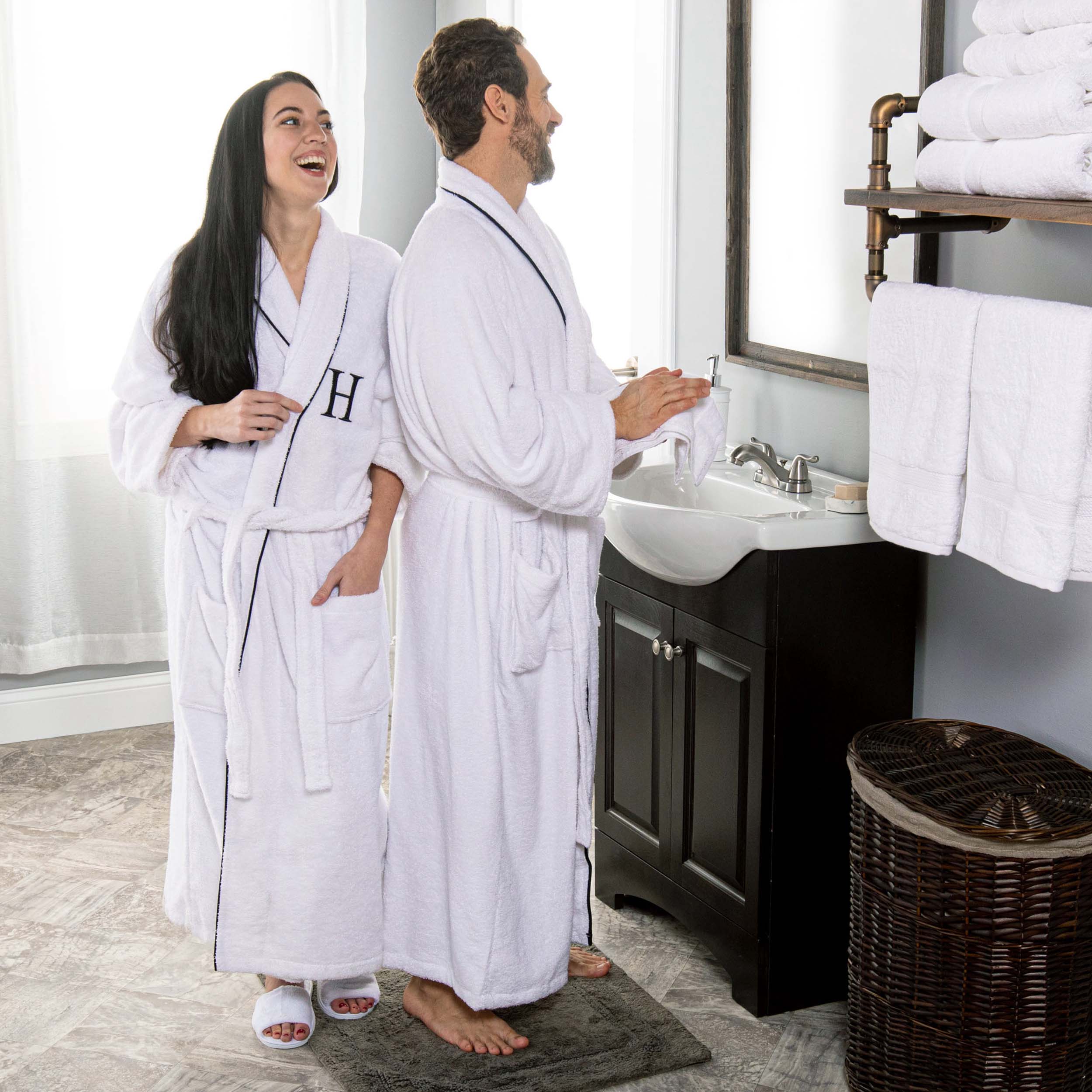 Cotton Adult Unisex White Embroidered Highly Absorbent Fluffy Bathrobe - Omnigoodsstore