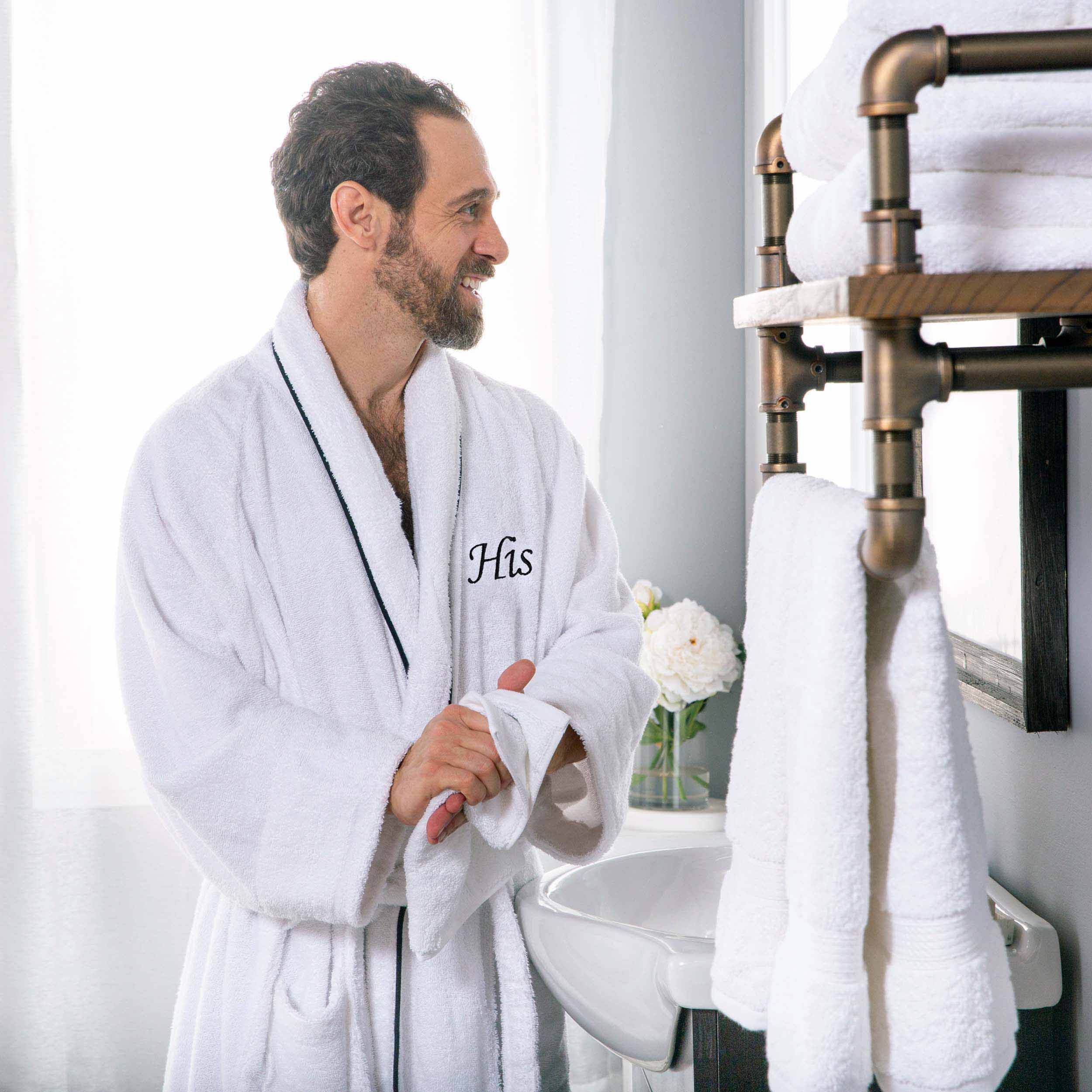 Cotton Adult Unisex White Embroidered Highly Absorbent Fluffy Bathrobe - Omnigoodsstore