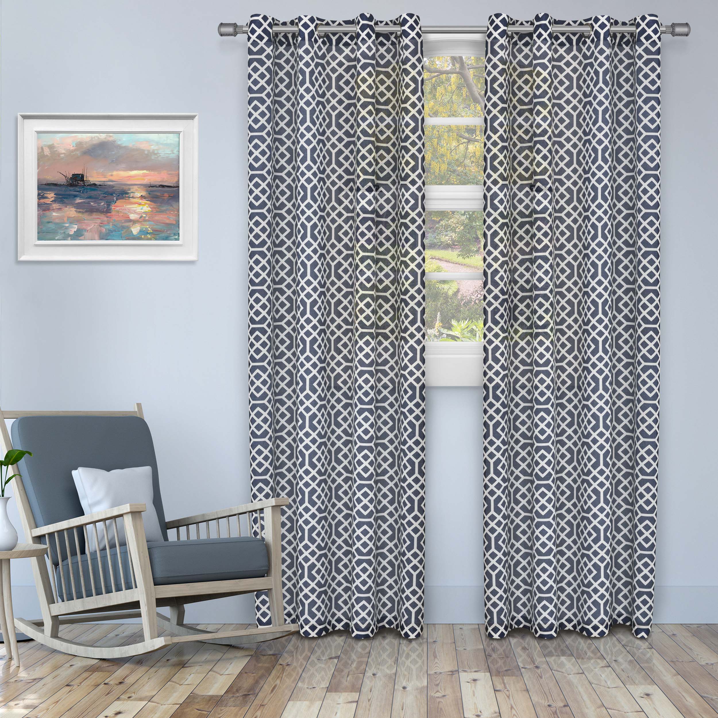 Printed Honey Comb Sheer Curtain Panel Set with Grommet Top Header - Omnigoodsstore
