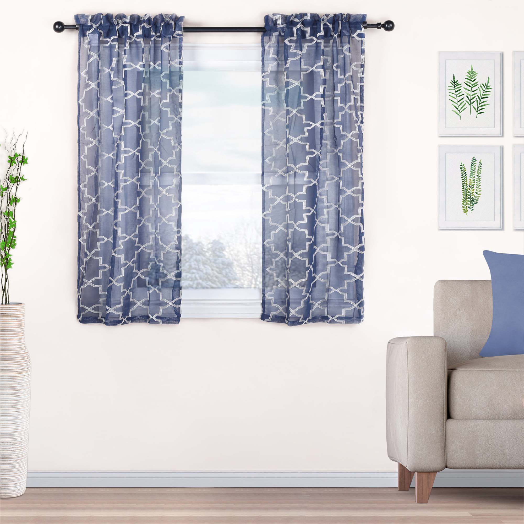 Embroidered Quatrefoil Sheer Grommet Curtain Set - Omnigoodsstore