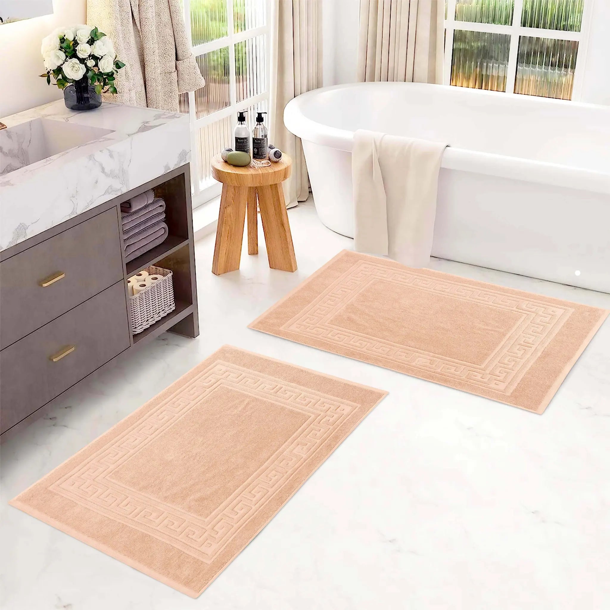 Cotton 2 Piece Greek Key Border Super Absorbent Bath Mat Set