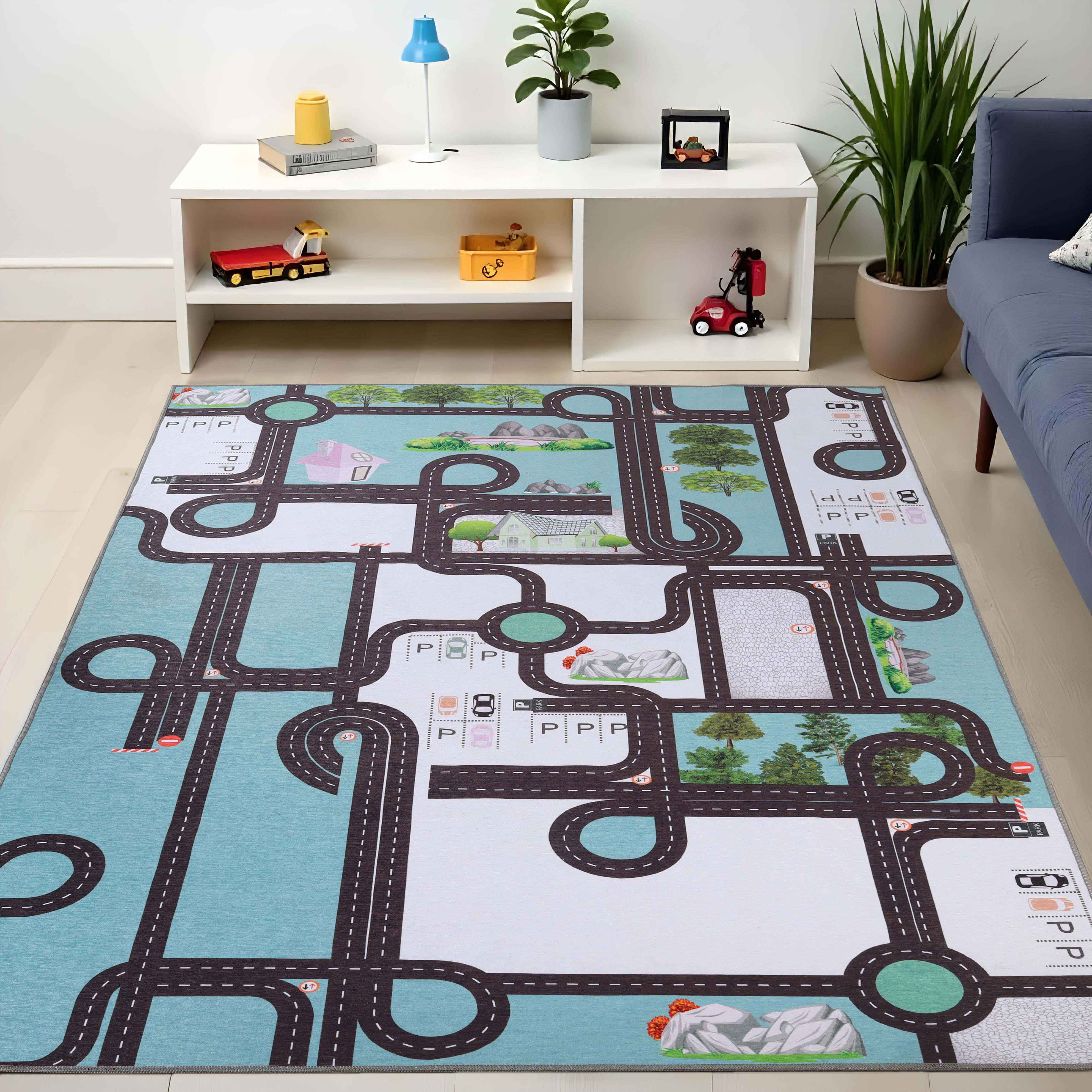 Country Road Non-Slip Kids Playroom Nursery Washable Indoor Area Rug - Omnigoodsstore