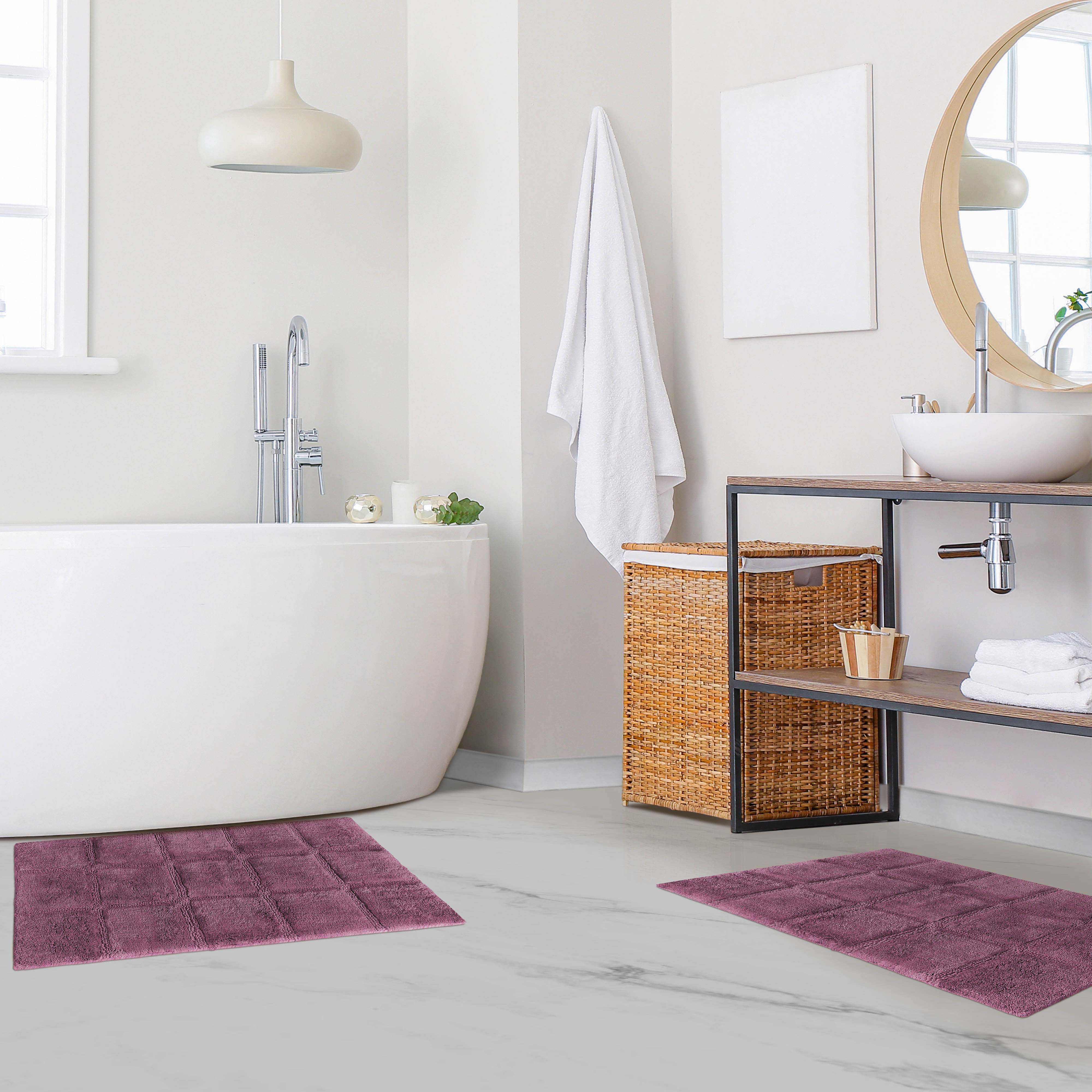 Solid Cotton 2 Piece Checkered Non Slip Bath Rug Set - Omnigoodsstore