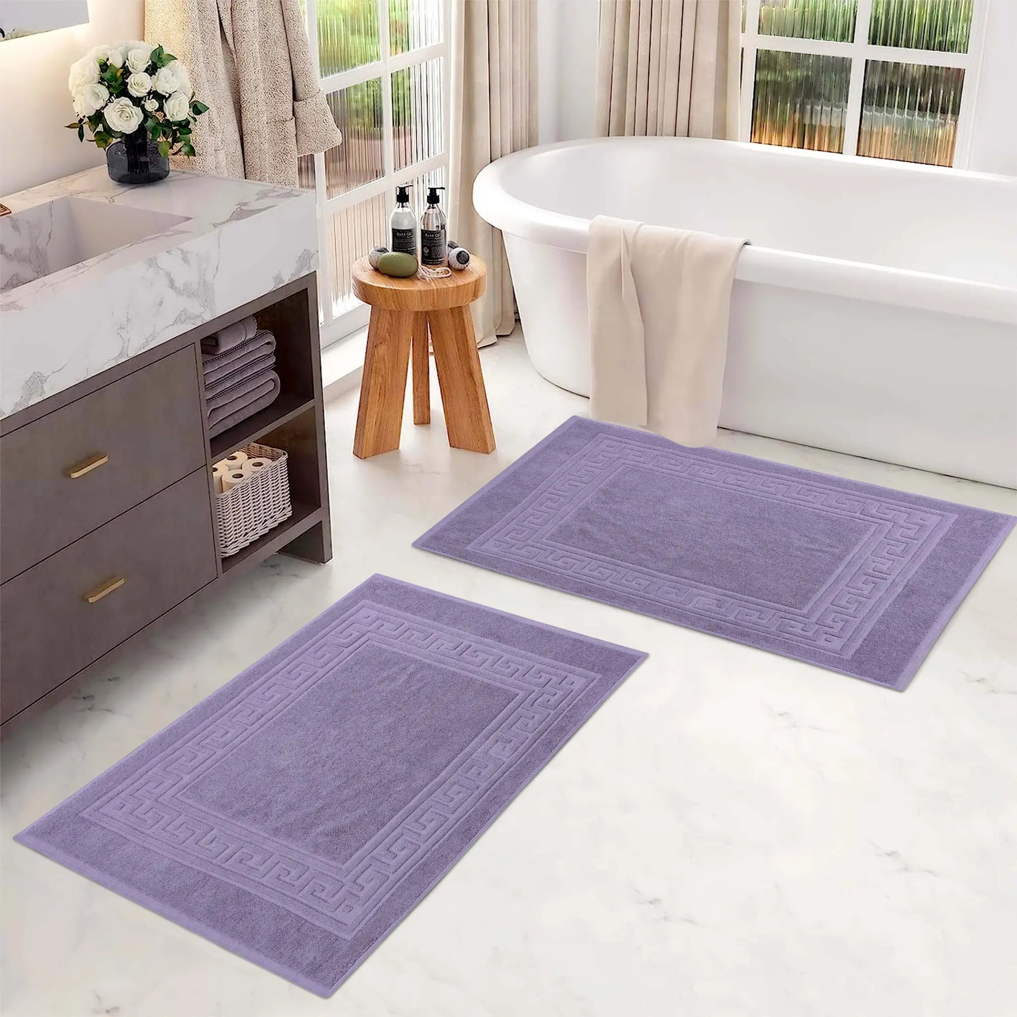 Cotton 2 Piece Greek Key Border Super Absorbent Bath Mat Set