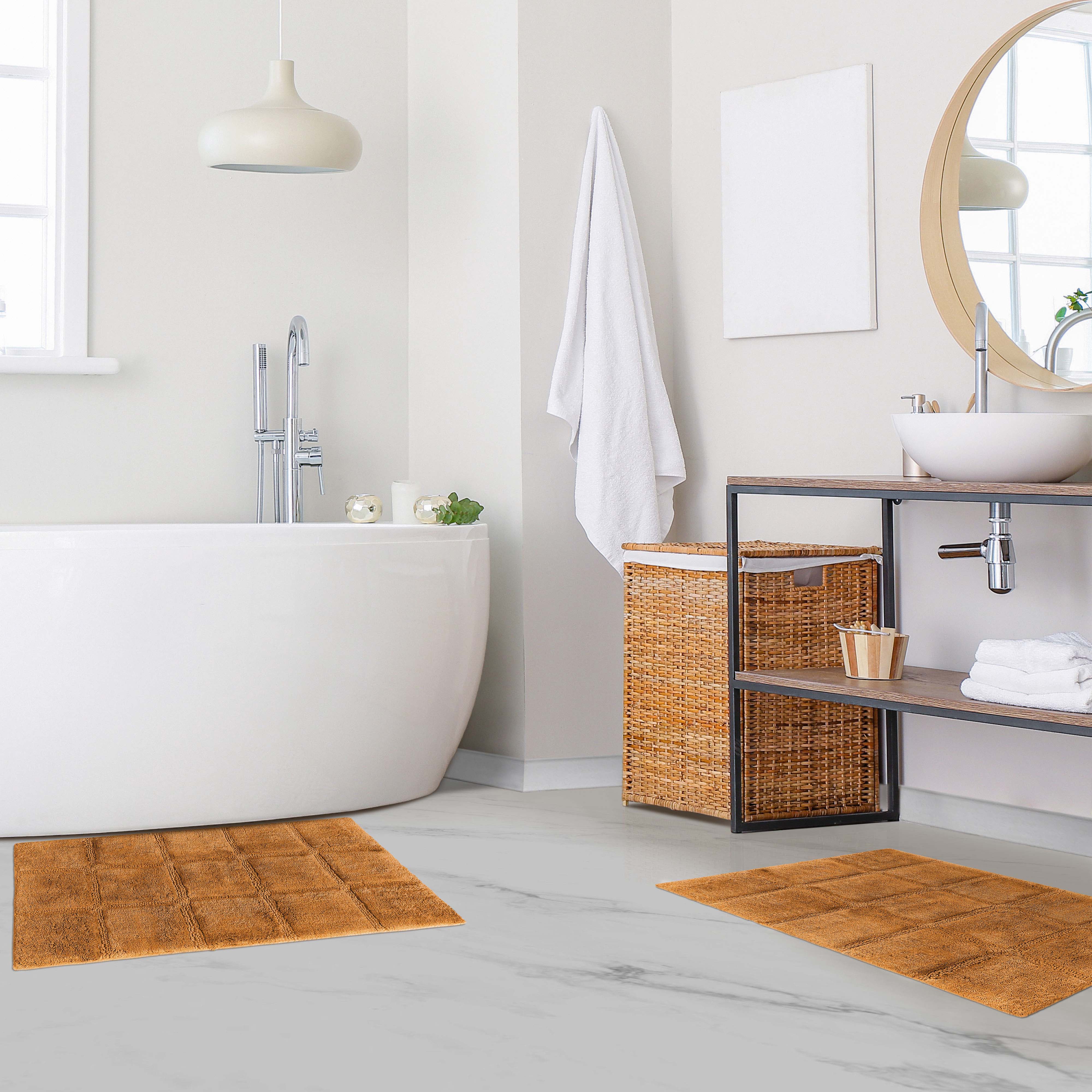 Solid Cotton 2 Piece Checkered Non Slip Bath Rug Set - Omnigoodsstore