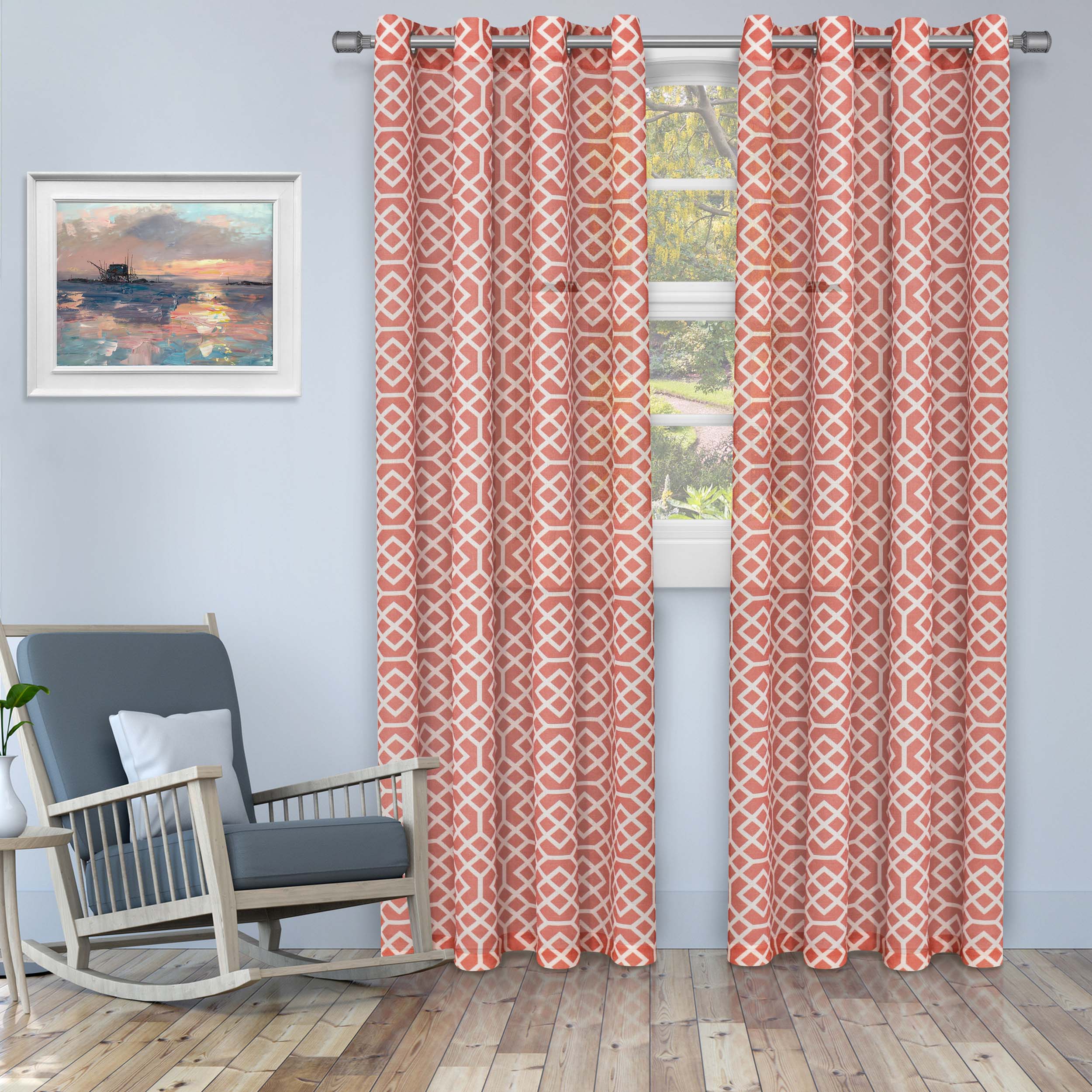 Printed Honey Comb Sheer Curtain Panel Set with Grommet Top Header - Omnigoodsstore