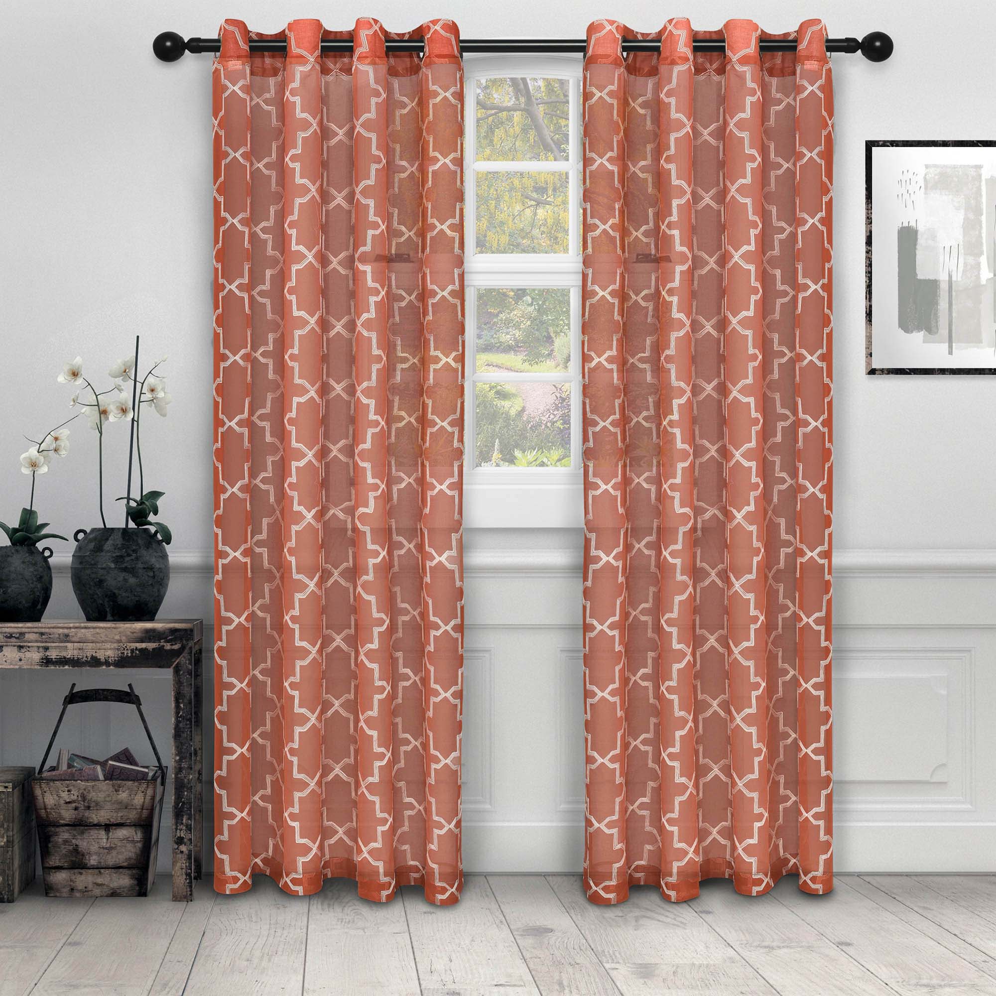 Embroidered Quatrefoil Sheer Grommet Curtain Set - Omnigoodsstore