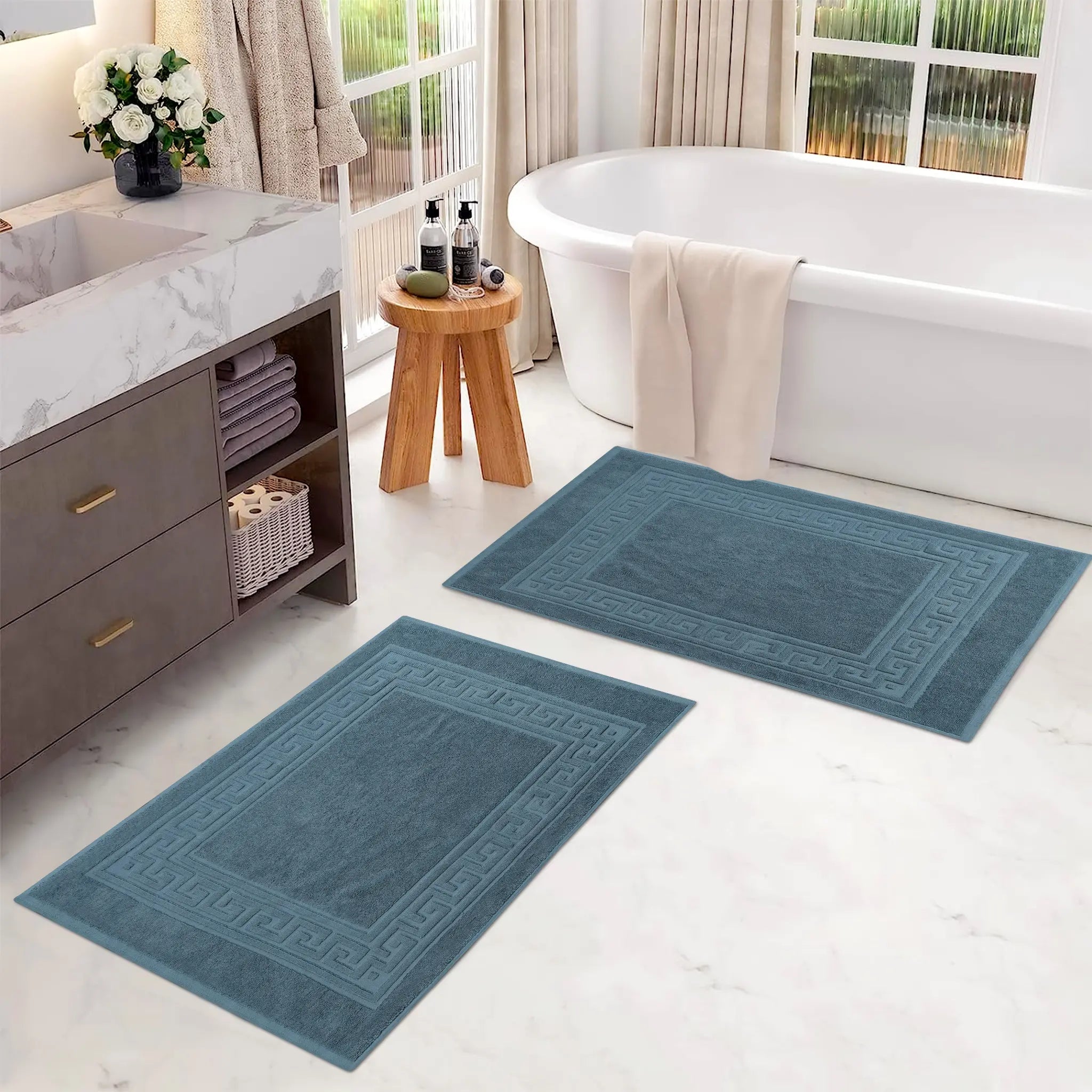 Cotton 2 Piece Greek Key Border Super Absorbent Bath Mat Set