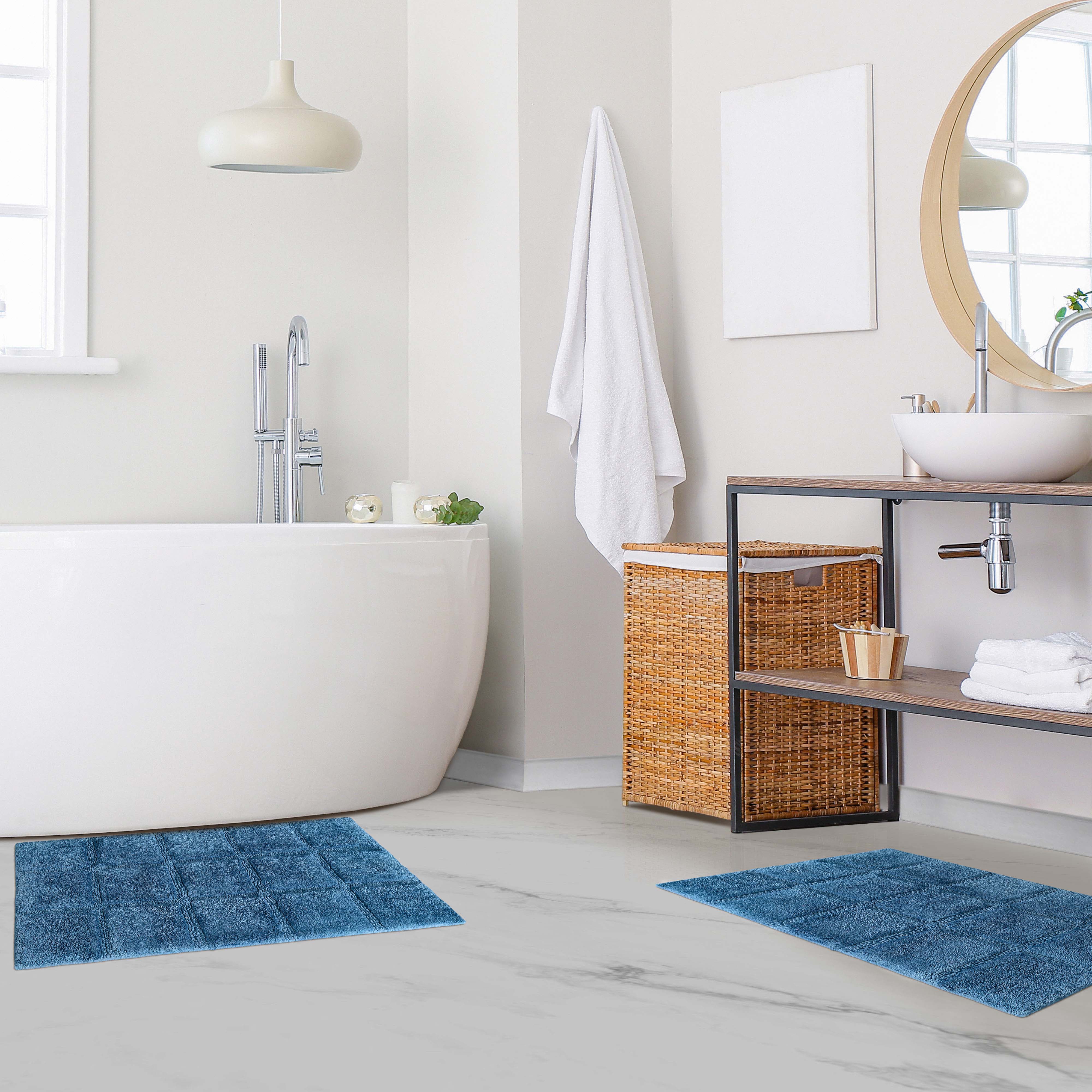 Solid Cotton 2 Piece Checkered Non Slip Bath Rug Set - Omnigoodsstore