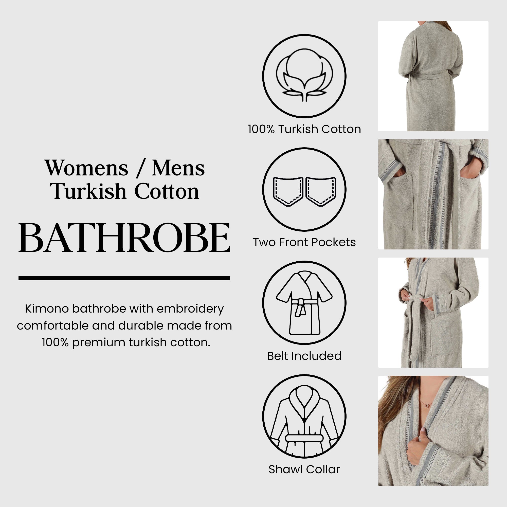 Tinsel Unisex Cotton Terry Kimono Bathrobe with Embroidery - Omnigoodsstore