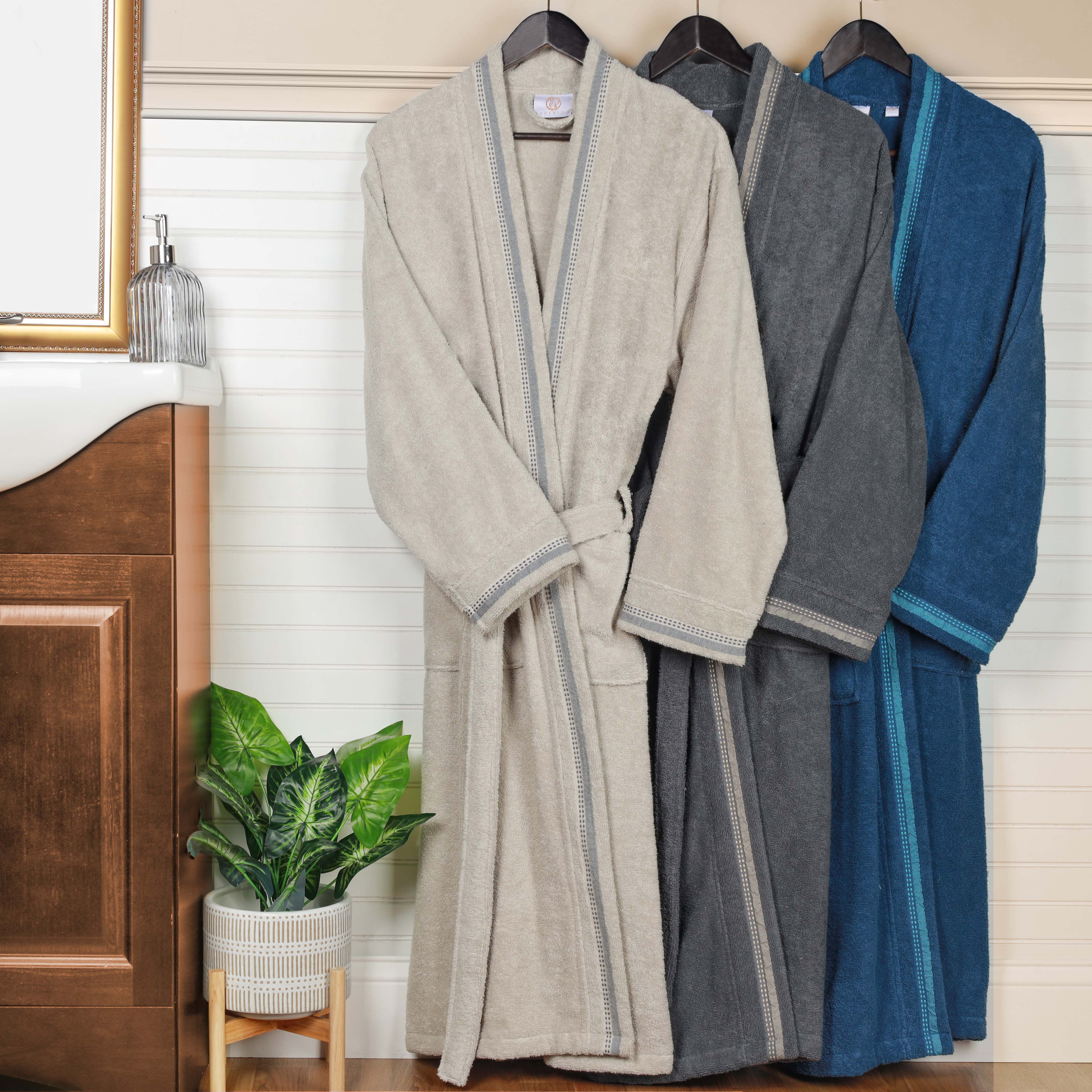 Tinsel Unisex Cotton Terry Kimono Bathrobe with Embroidery - Omnigoodsstore