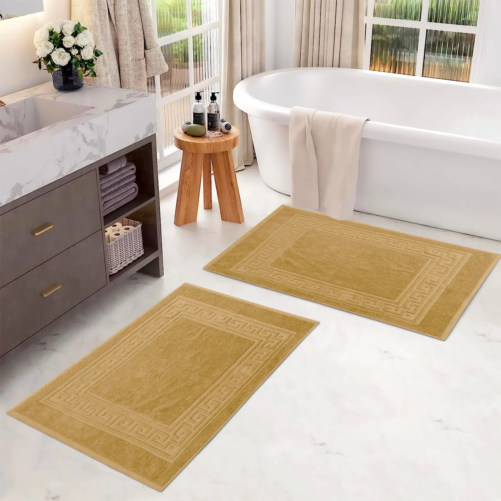 Cotton 2 Piece Greek Key Border Super Absorbent Bath Mat Set